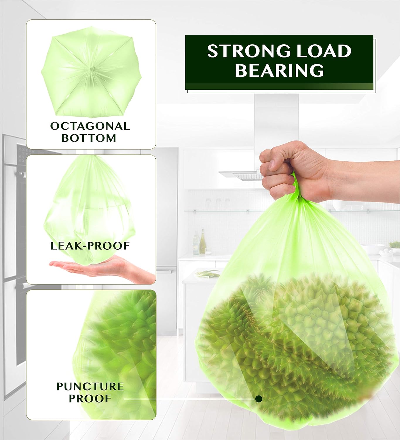 FORID 4 Gallon Garbage Bags, 150 Count, Unscented, Strong Trash Can Liners, 15 Liter Wastebasket Bags for Kitchen, Bathroom, Home Office, Green