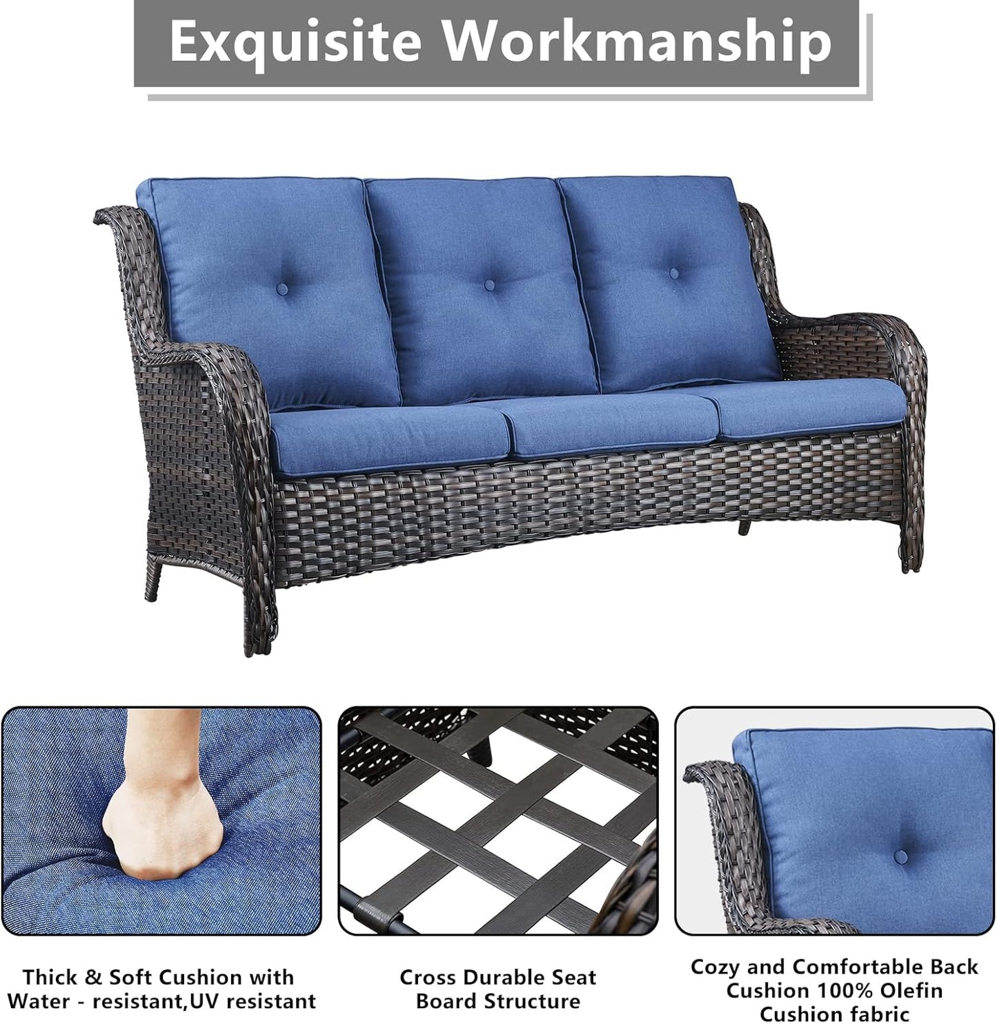 Outdoor Wicker Patio Furniture Set - 6 Piece Rattan Patio Conversation Set with 2 Rocking Swivel Chairs,2 Ottomans,1 Sofa and 1 Coffee Table for Porch Deck Backyard Garden(Brown/Blue)