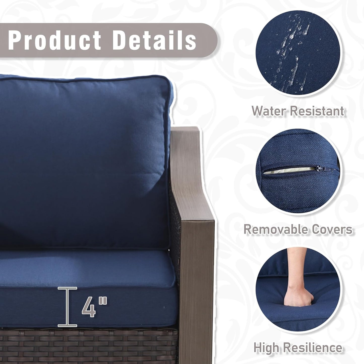 3 Piece Wicker Patio Conversation Set, All-Weather Use Outdoor Wicker Sofa with 2 PE Rattan Swivel Chair, Removable Water-Resistant Cushion, Ideal for Porch, Backyard, Balcony, Poolside, Blue