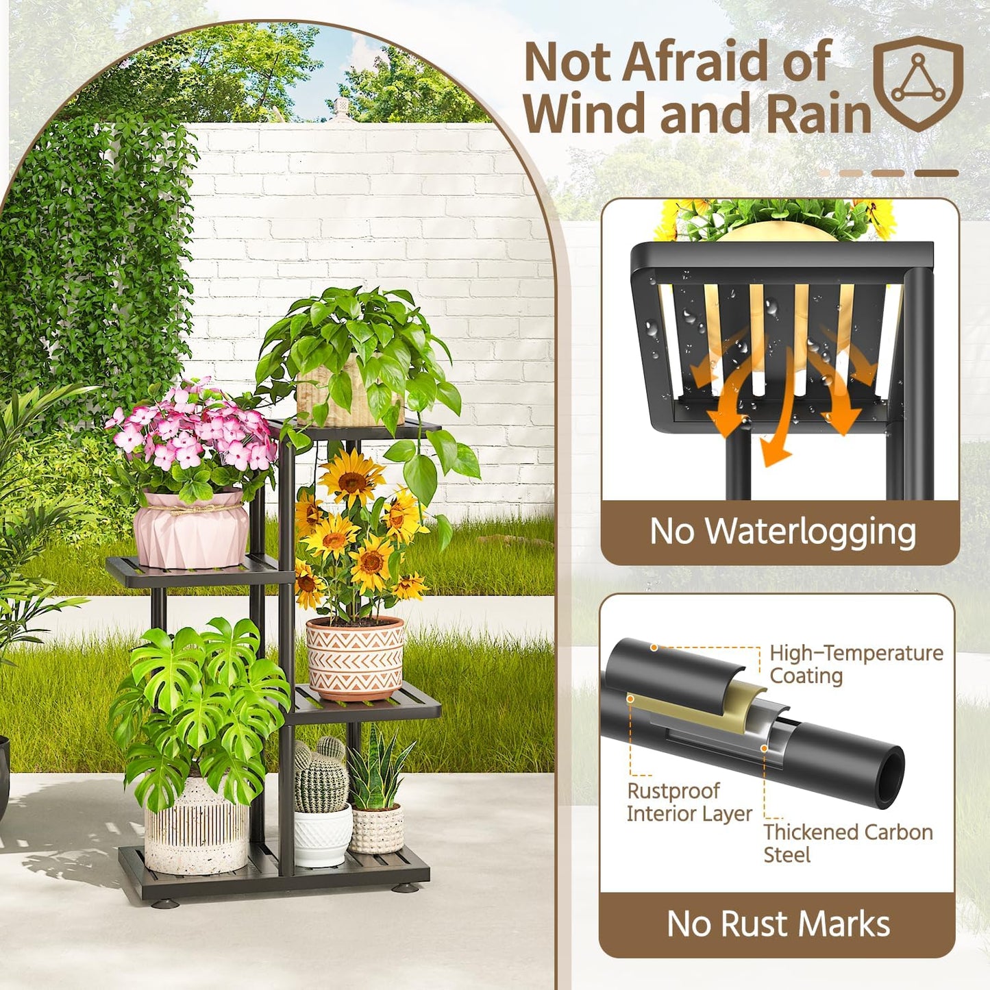 LASZOLA 3 Tier Plant Stand Indoors Outdoors for Large Heavy Duty Planter, Black Metal Tall Flower Holder Rack with Multiple Shelf for Modern Patio Corner, Vertical Organizer, Weather Resistant Bracket