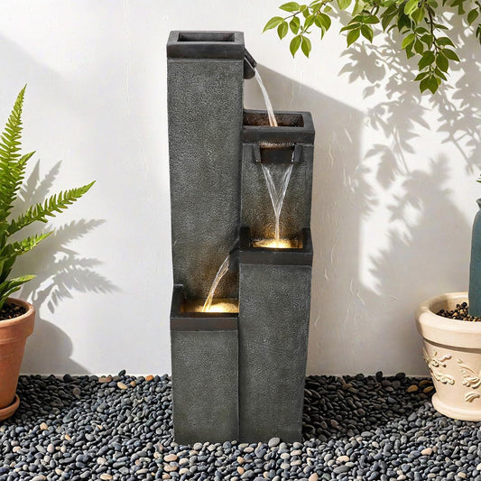 SunJet 4-Tier Modern Water Fountain, Indoor/Outdoor Resin Water Fountains with Soothing Water Sounds, Perfect for Garden, Patio, Home & Office, 12.5" L x 9.4" W x 39.3" H