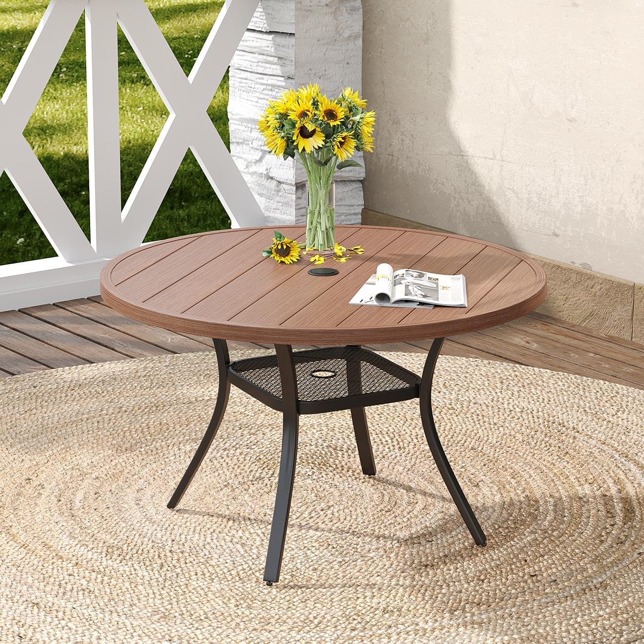 DIFY Outdoor Dining Table for 4 Person, 42"x 42" All Weather Round Patio Metal Table with 1.57" Umbrella Hole for Poolside Garden and Backyard, Walnut