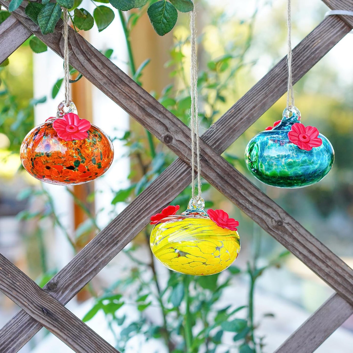 Set 3 Small Blown Glass Hummingbird Feeders for Outdoors Hanging with 2 Flower Feeding Ports Glass Humming Bird Feeders Garden Decor for Outside