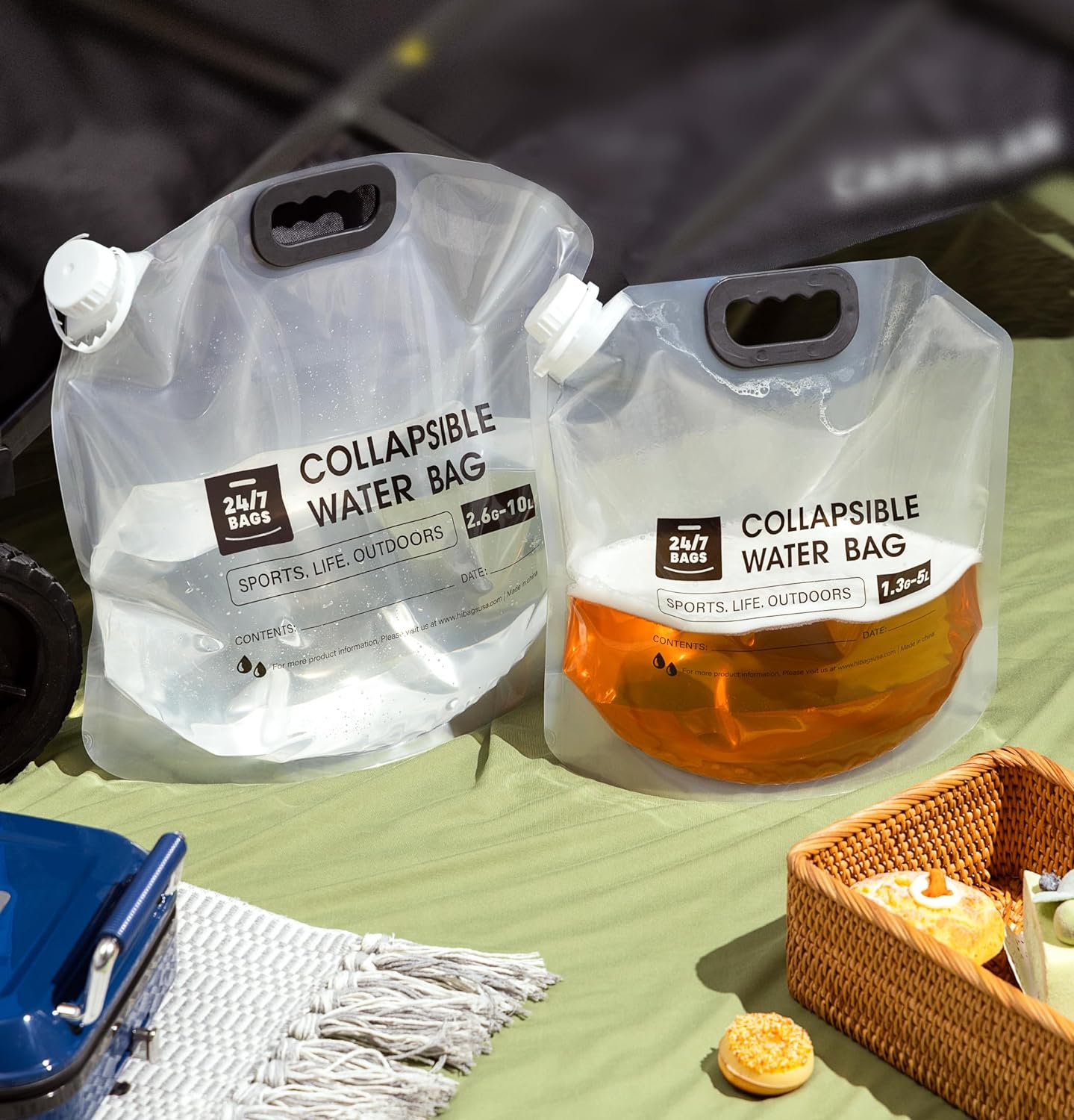 24/7 BAGS 8 Pack Collapsible Water Container Bag 1.3 Gallon/5 Liter, Heavy Duty with Carry Handles, Hikes, Trips, Weather Emergencies, and More, Foldable Water Bag