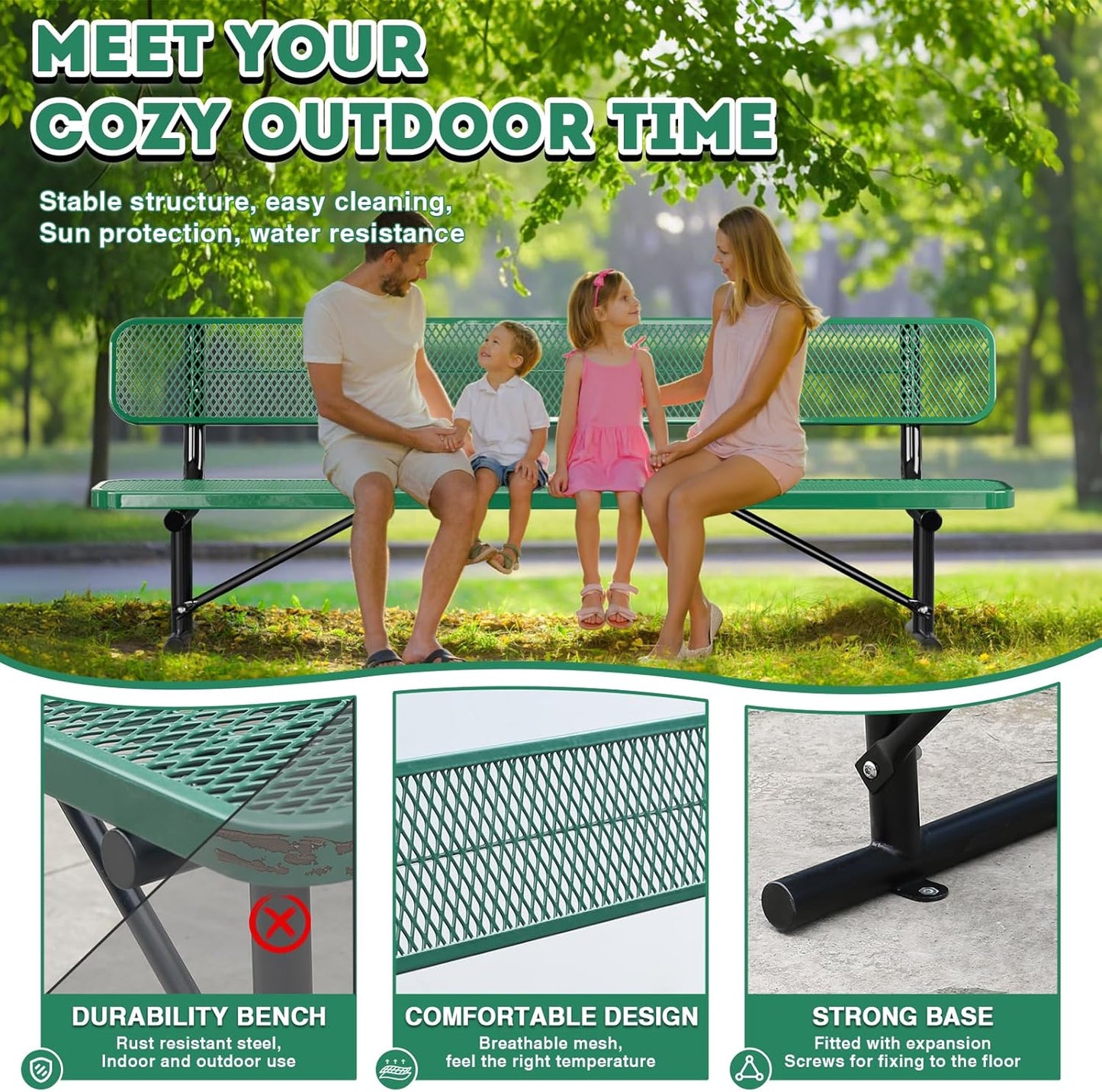Thermoplastic Coated Iron Park Bench for Outside, Heavy Duty Metal Garden Bench, Expanded Commercial Grade Seating for Shopping Malls, Lawn Yard Porch Entryway (Green with Backrest, 96IN)
