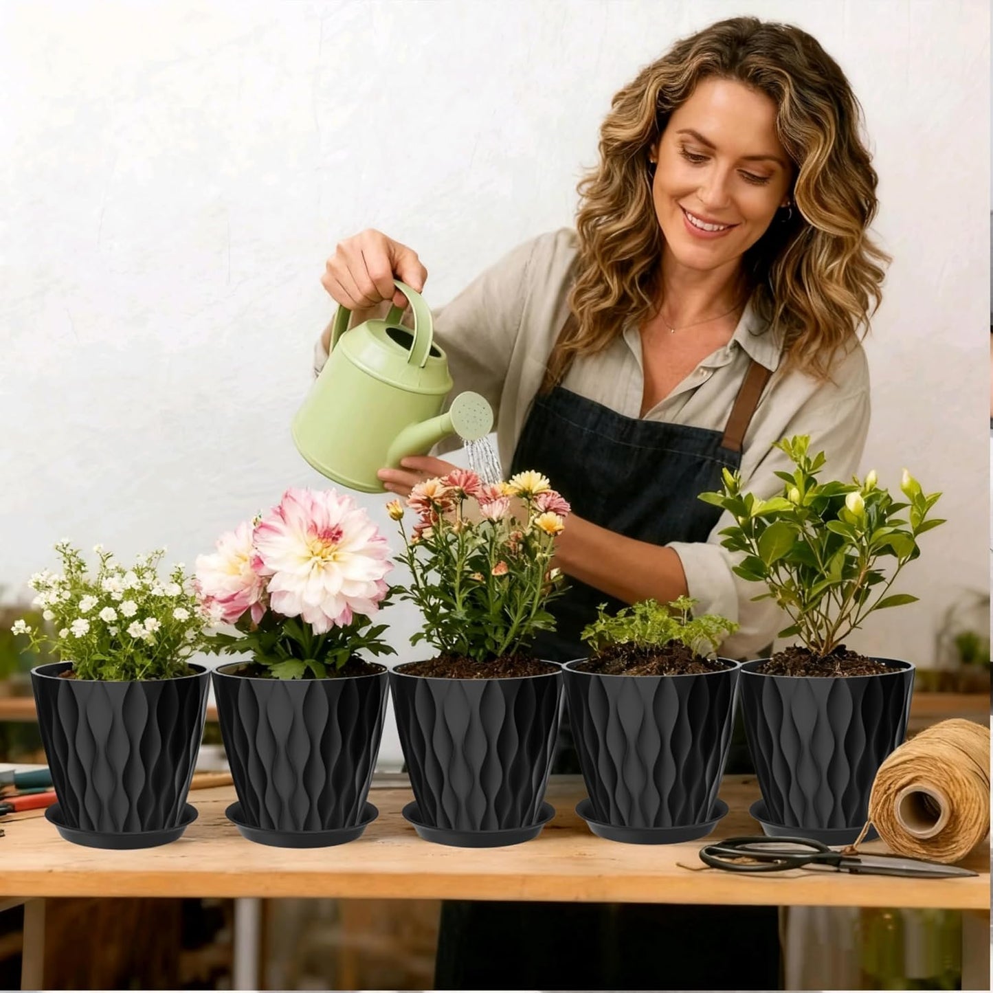 7 Inch Plant Pots Set of 5, Plastic Flower Pots with Drainage Holes and Trays, Planter Pot for Indoor Plants, Decorative Pots for Plants Indoor/Outdoor （Multicolor）