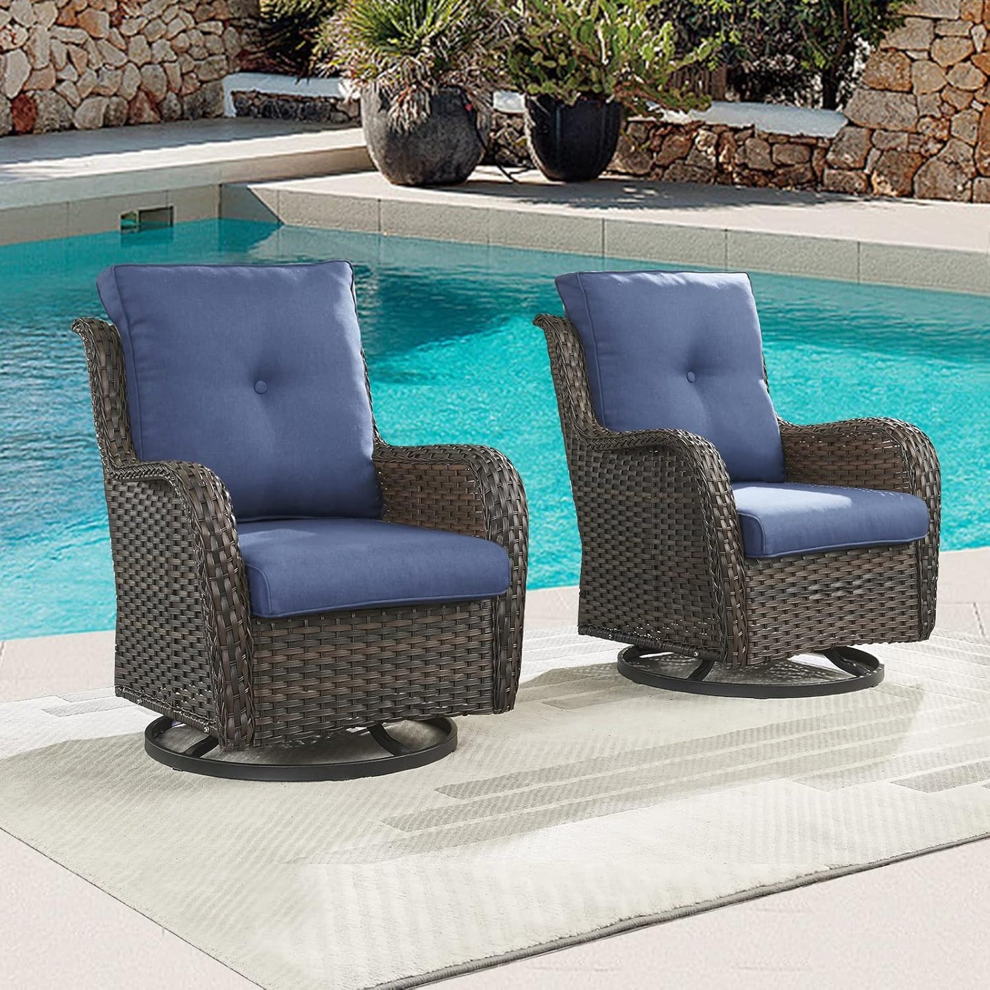 Outdoor Patio Swivel Rocker Chairs - Wicker Rattan Patio Swivel Rocking Chairs Set of 2 with High Back,Deep Seating and Comfort Cushions for Deck Porch Garden,Brown/Blue