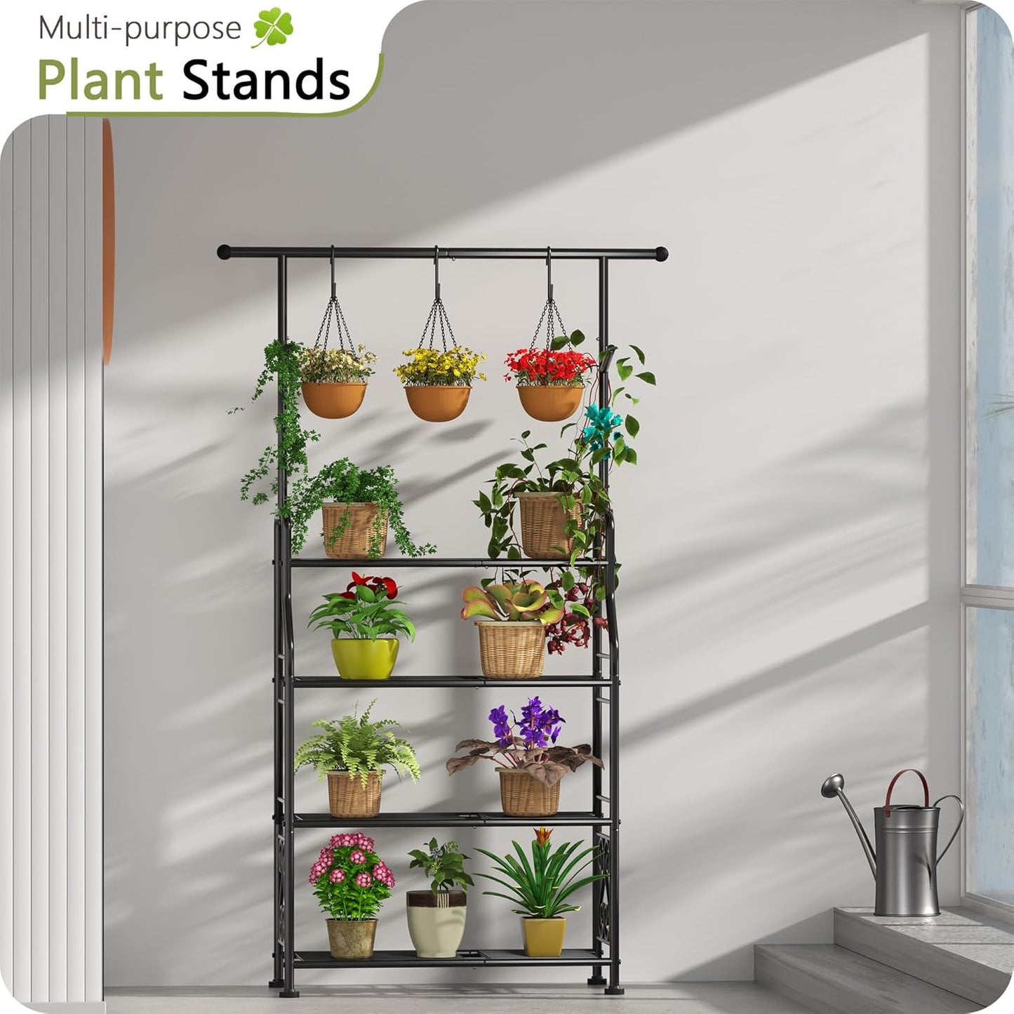 GIOTORENT Plant Stand Indoor Outdoor, 4-Tier Heavy Duty Metal Shelves, Display up to 17 Multiple Plants, Tall Plant Holder with Plant Hanger, Suit for Patio Living Room Garden Balcony, 5 Hooks, Black