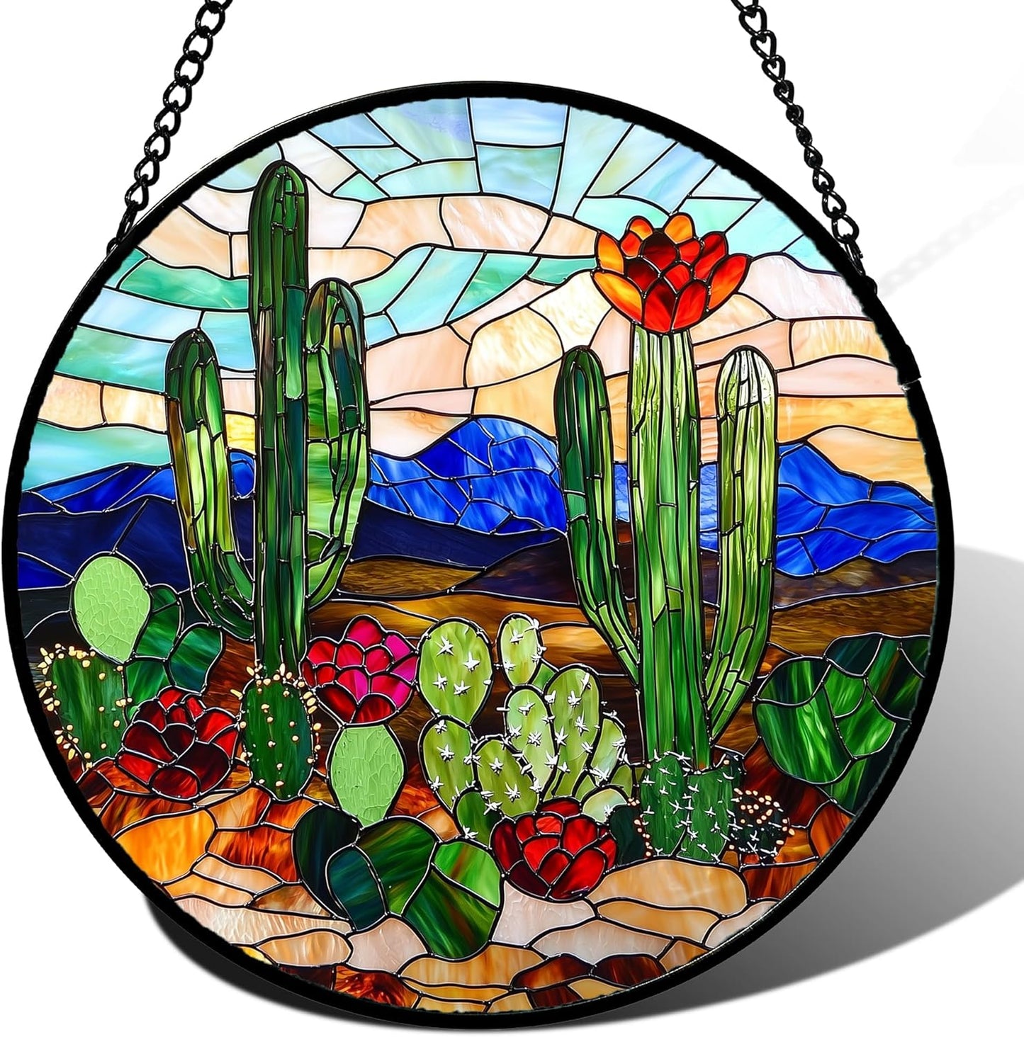 Stained Glass Window Hanging, Green Cactus Suncatcher for Doors Window Home Plant Landscape Sun Catchers Decoration Mother's Day Birthday Gifts for Women, Men, and Mom 11.8 in