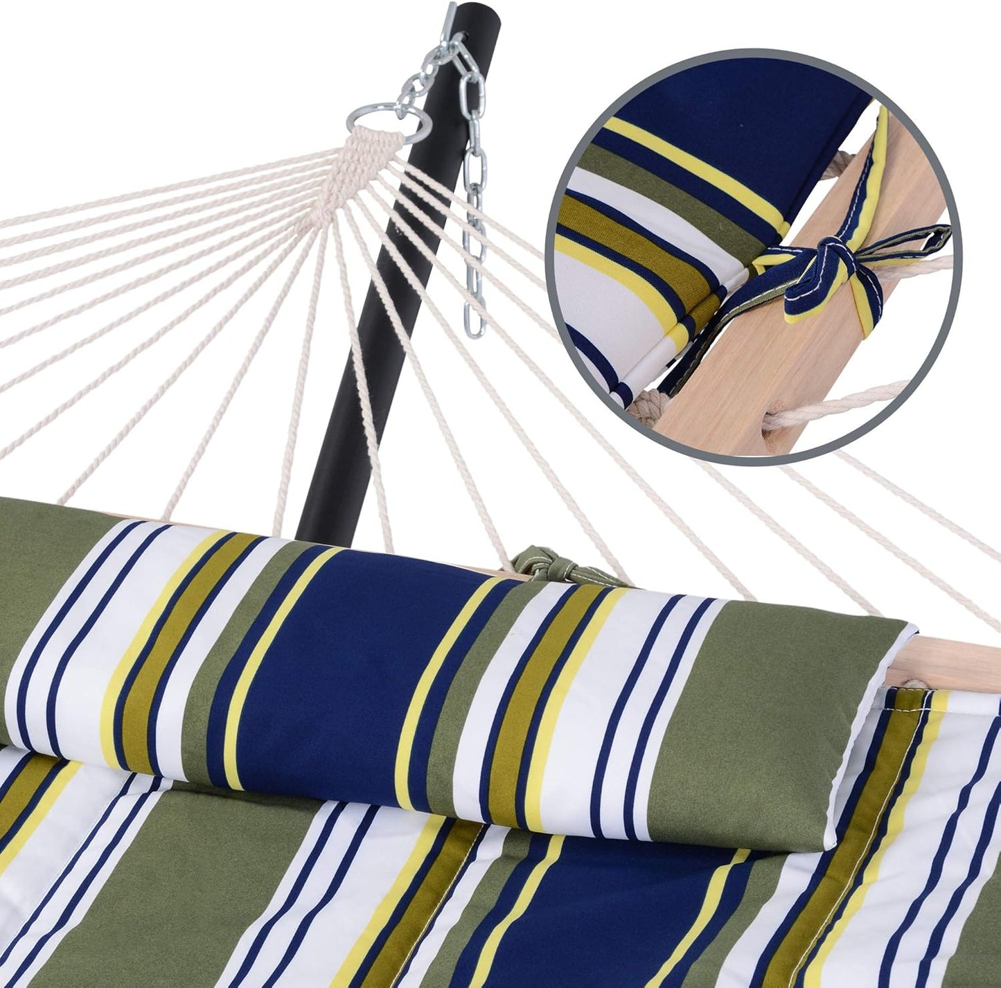 SUNCREAT Hammocks Double Outdoor Hammock with Stand, Cotton Rope Two Person Hammock with Polyester Pad & Large Pillow, Blue& Gray