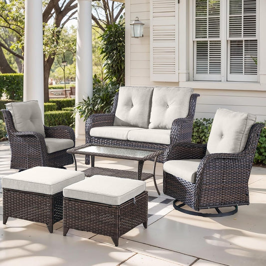 Outdoor Wicker Patio Furniture Set - 6 Piece Rattan Patio Conversation Set with 2 Rocking Swivel Chairs,2 Ottomans,1 Loveseat and 1 Coffee Table for Porch Deck Backyard Garden(Brown/Beige)