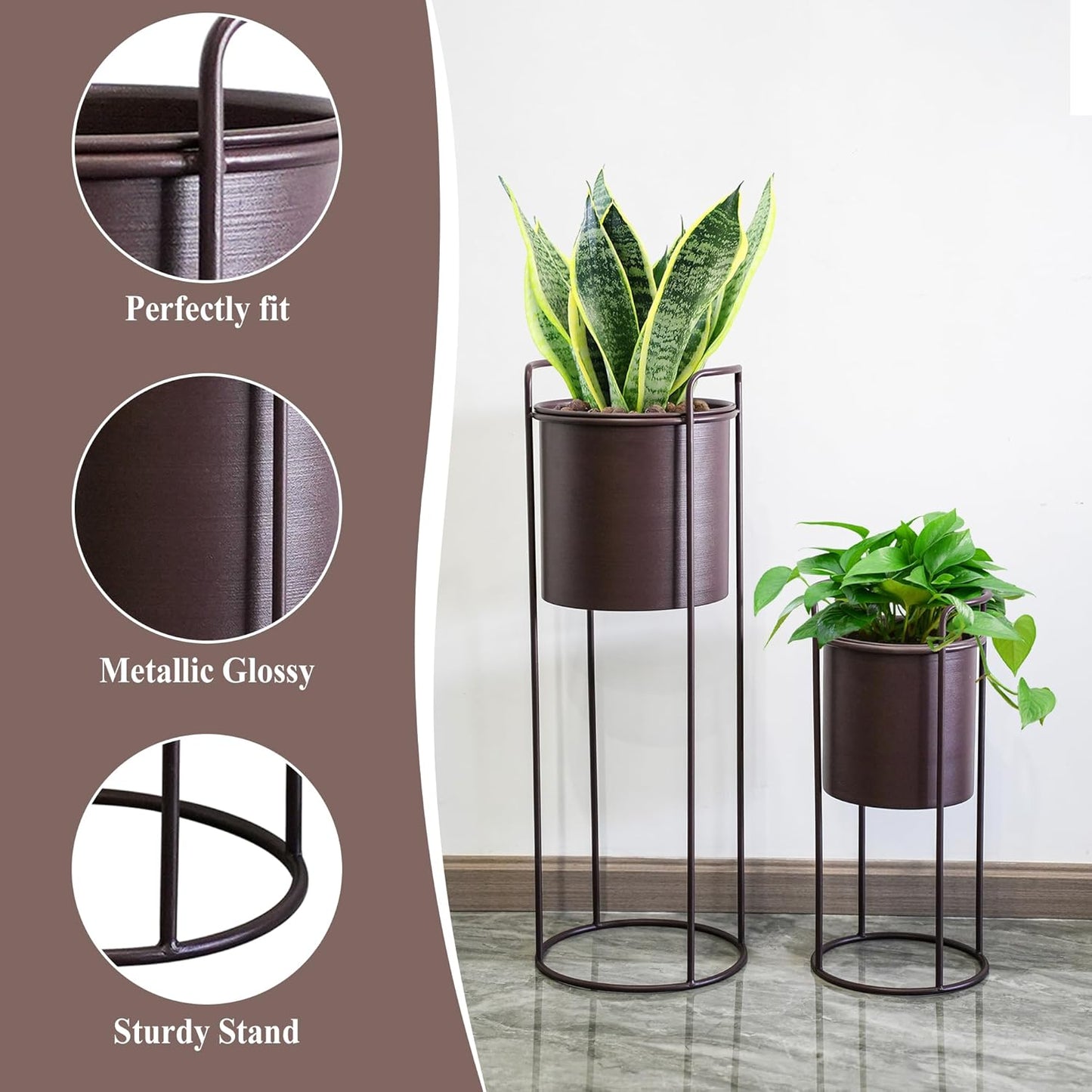 TRIROCKS Set of 2 Planters with Stand Large Metal Planter for Indoor Plants 28 &18" H Plant Pots for Living Room Corner Kitchen Office Garden Balcony Patio Decor(Brown)