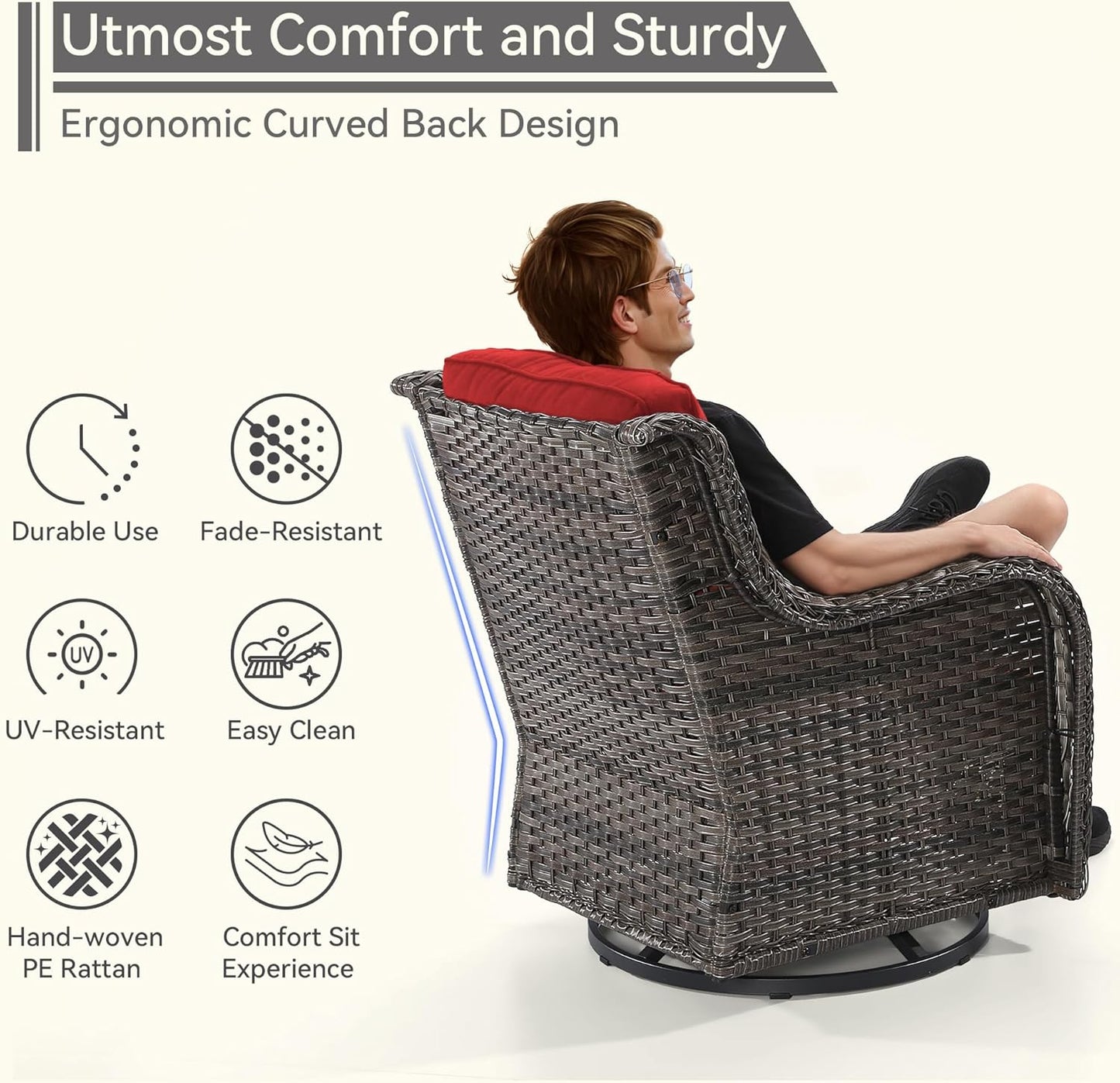 5 Piece Outdoor Patio Furniture Set Wicker Conversation Set Swivel Rocking Chairs with Side Table and Ottomans for Backyard, Porch, Deck, Red