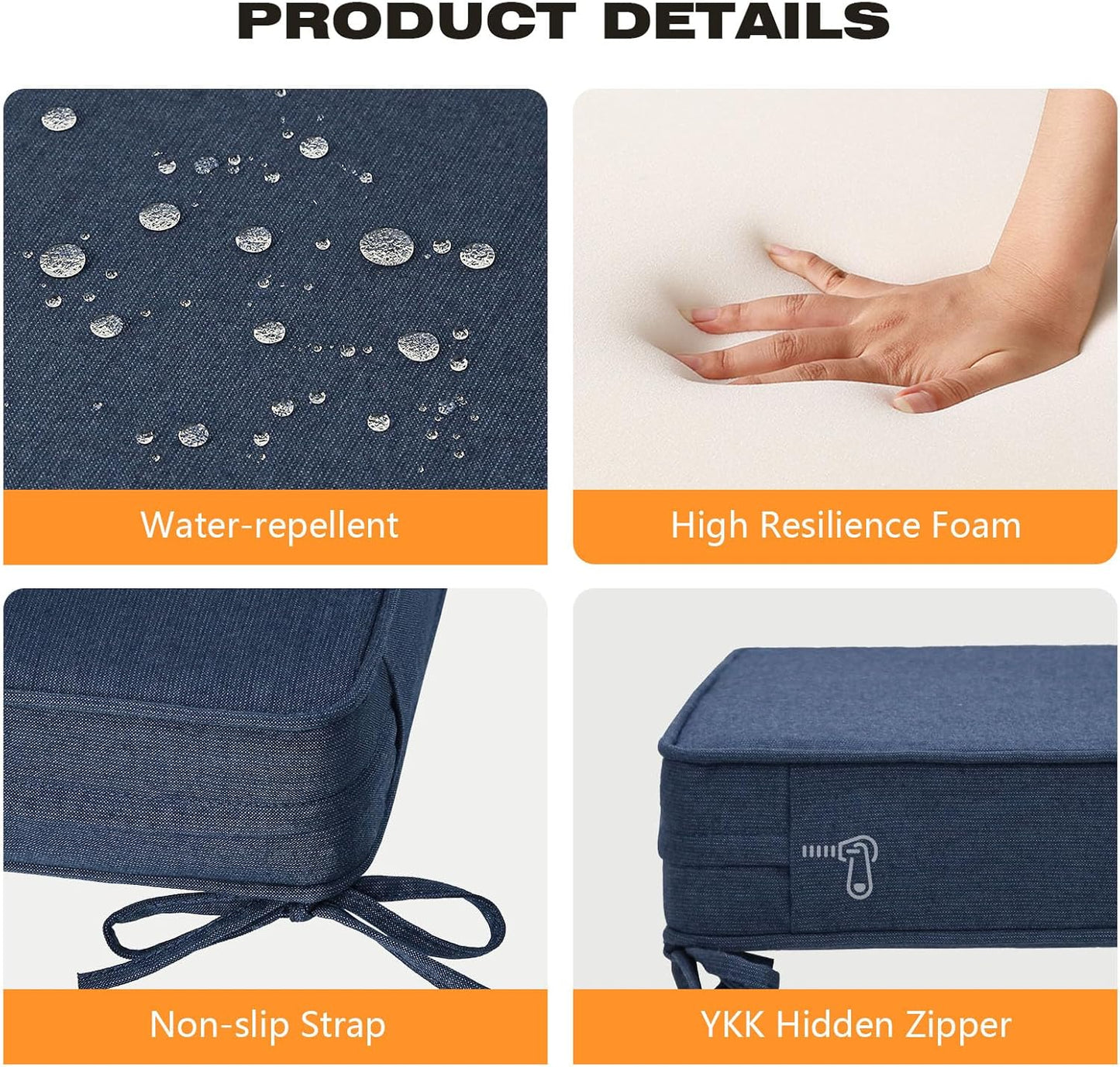 Sunbrella Square Corner Seat Cushions, 19" x 19" x 3", Set of 4, Indoor Outdoor Water Repellent Universal Chair Pads with Ties for Patio Furniture, Garden Dining Chairs, Specrtum Indigo