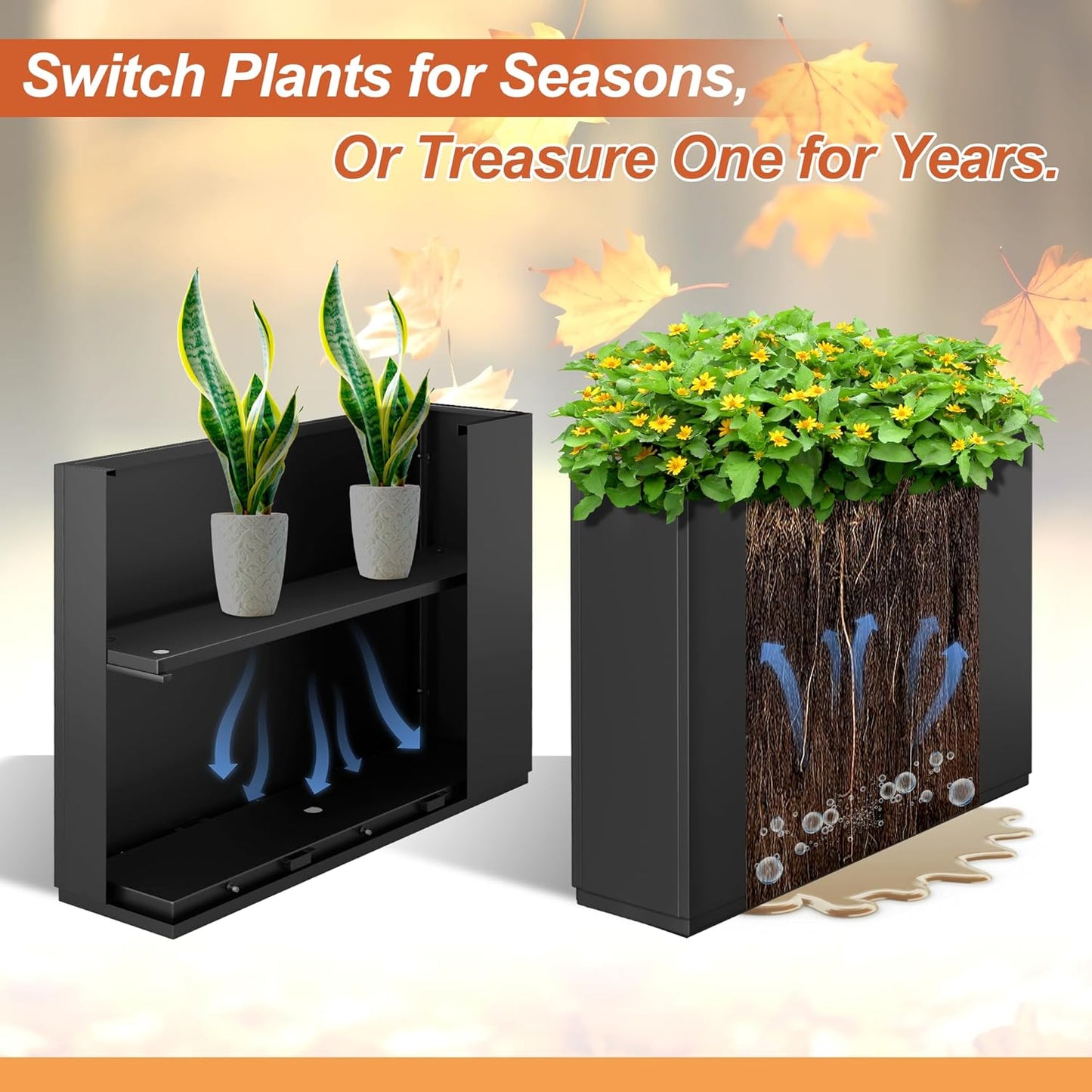 Metal Rectangular Planter for Outdoor Plants, Coated Large Planter Box with Drainage, Outdoor Patio PLanters with Sturdy Thickened Divider for Yard, Garden