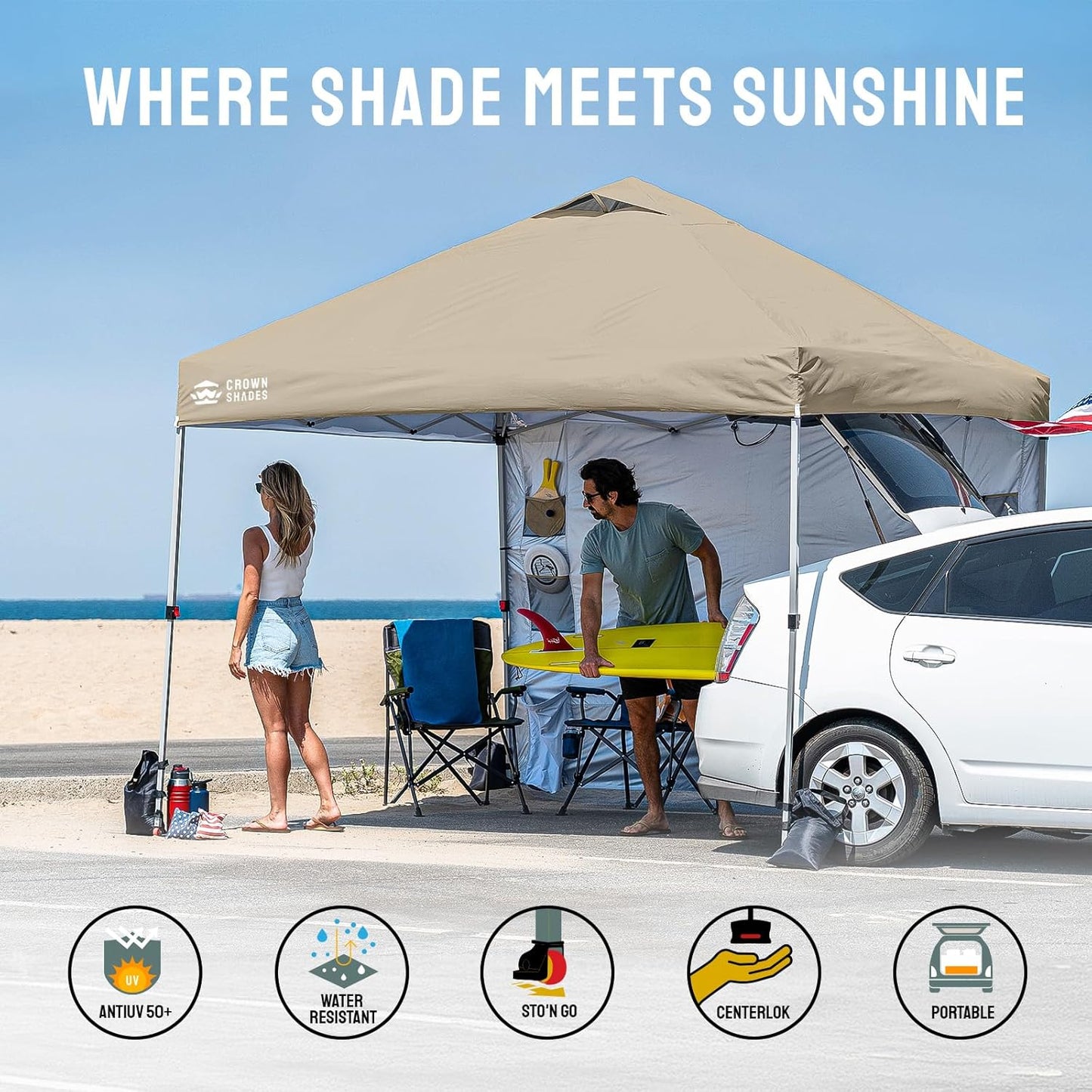 CROWN SHADES Canopy Tent 10x10 Pop Up Canopy Outdoor Shade with Pockets Sidewall, Easy Up Sun Shelter with One Person Set Up Center Lock, Portable Instant Camping Beach Canopy Tents, Beige