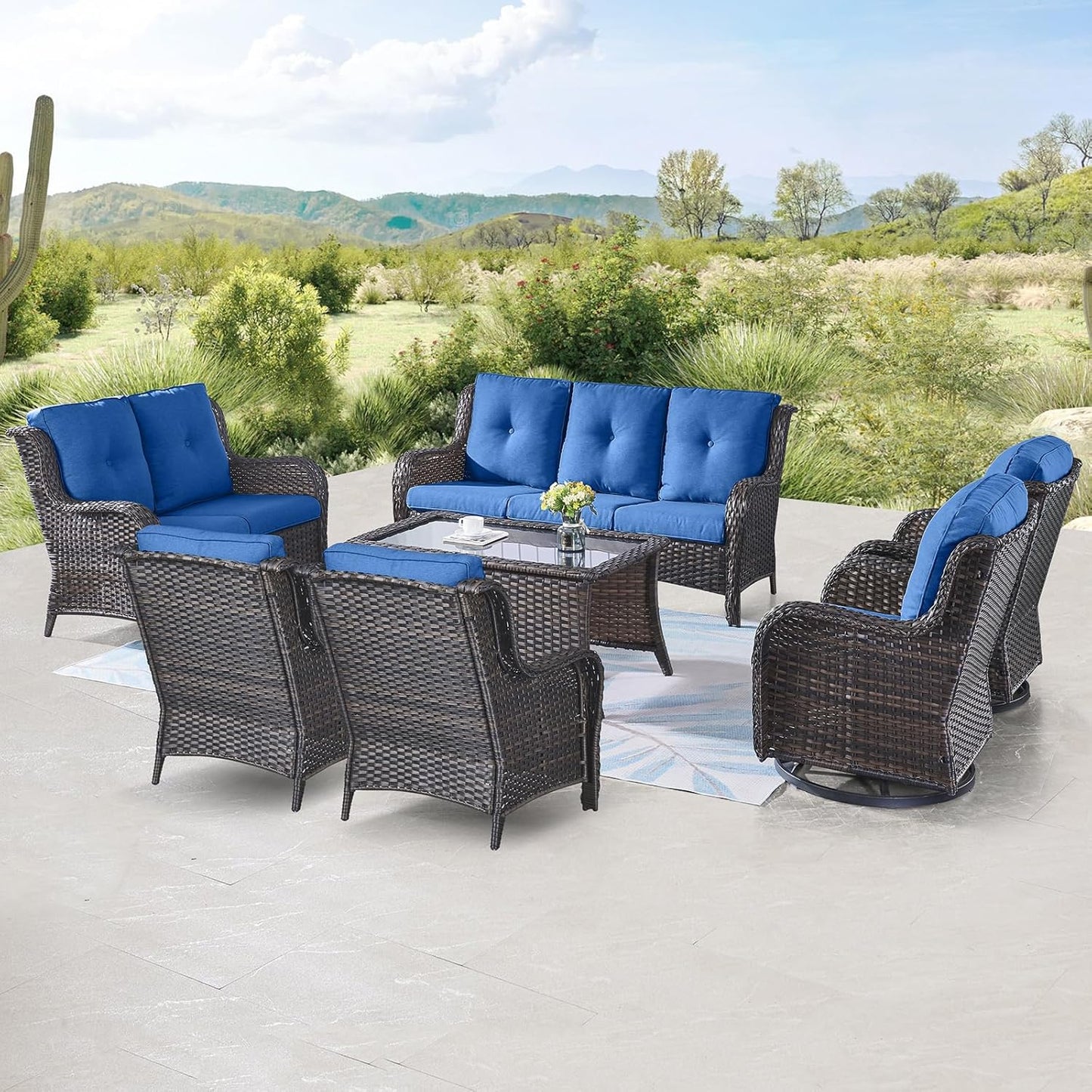 Outdoor Wicker Furniture Patio Set - 7 Piece Backyard Furniture Brown Rattan Conversation Sets with Swivel Rocker Chairs, Rattan Sofa, Club Chairs and Coffee Table, Blue Cushion