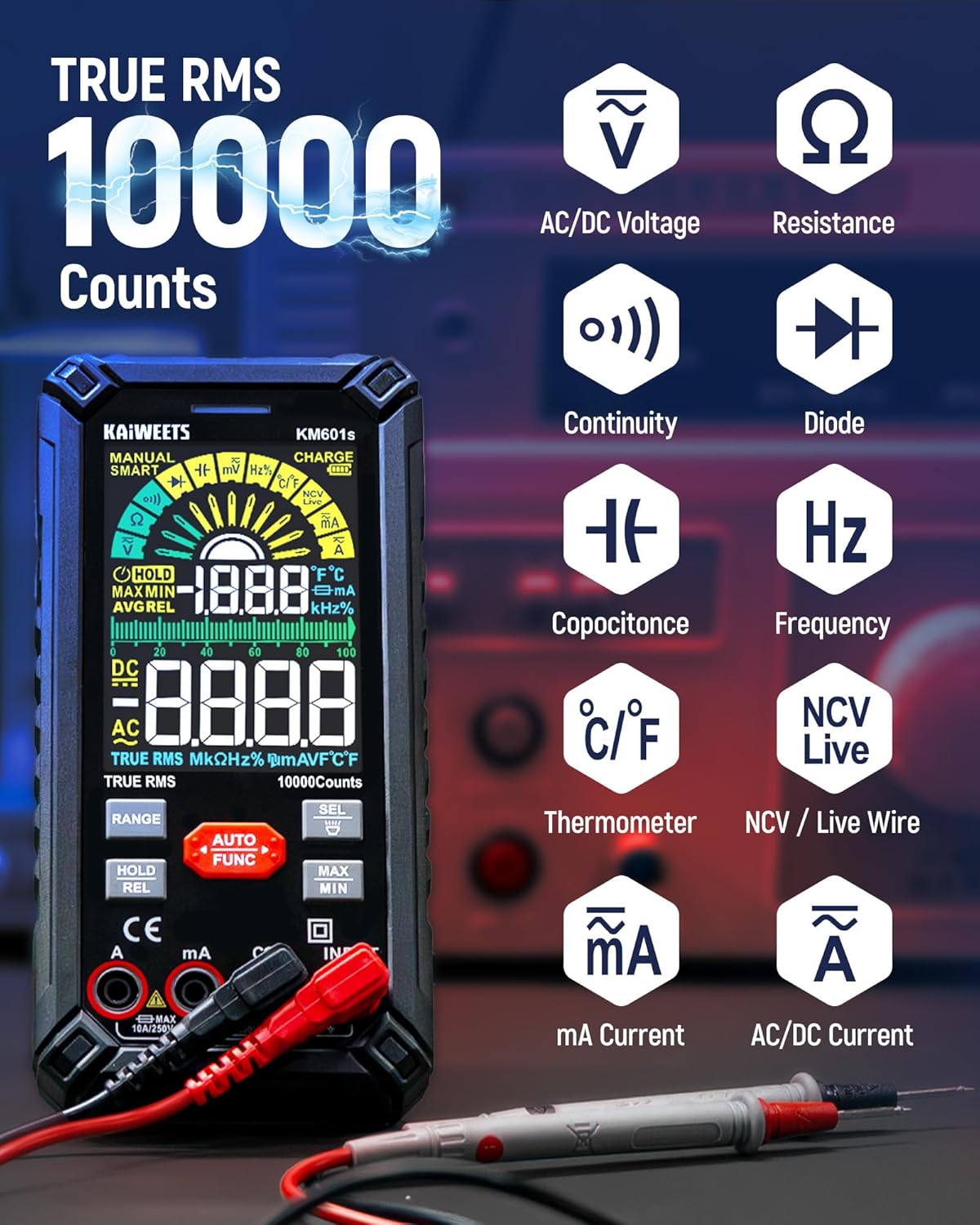 KAIWEETS Digital Multimeter 10000 Counts TRMS Auto Ranging, Rechargeable Smart Multimeter, Color LCD Screen Volt Meter, Measures Voltage, Current, Resistance, Continuity, Capacitance, Frequency