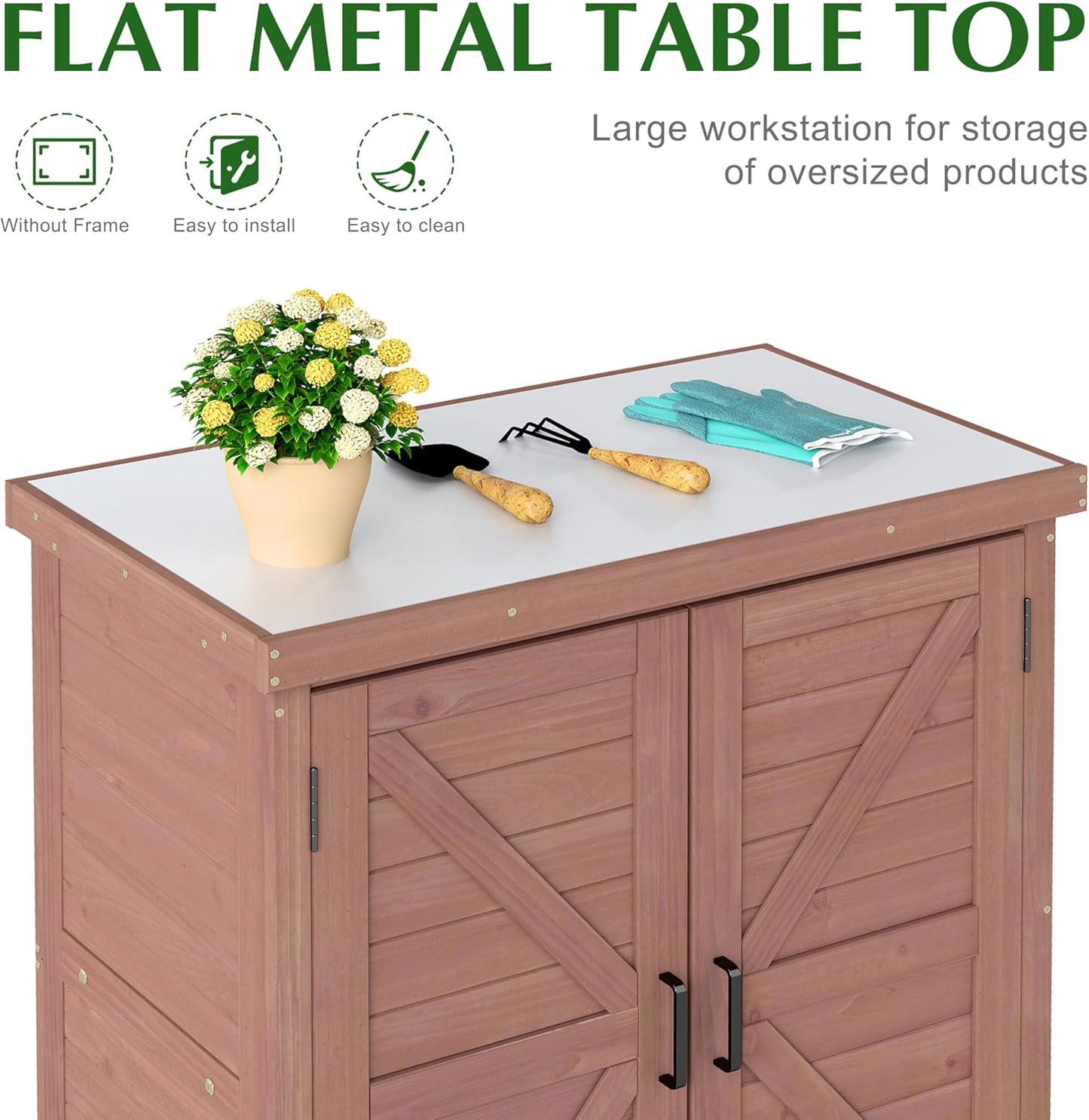 Outdoor Storage Cabinet & Potting Bench Table with Metal Top, Wooden Patio Furniture, Garden Workstation (Royal Brown, 36x31x17in)