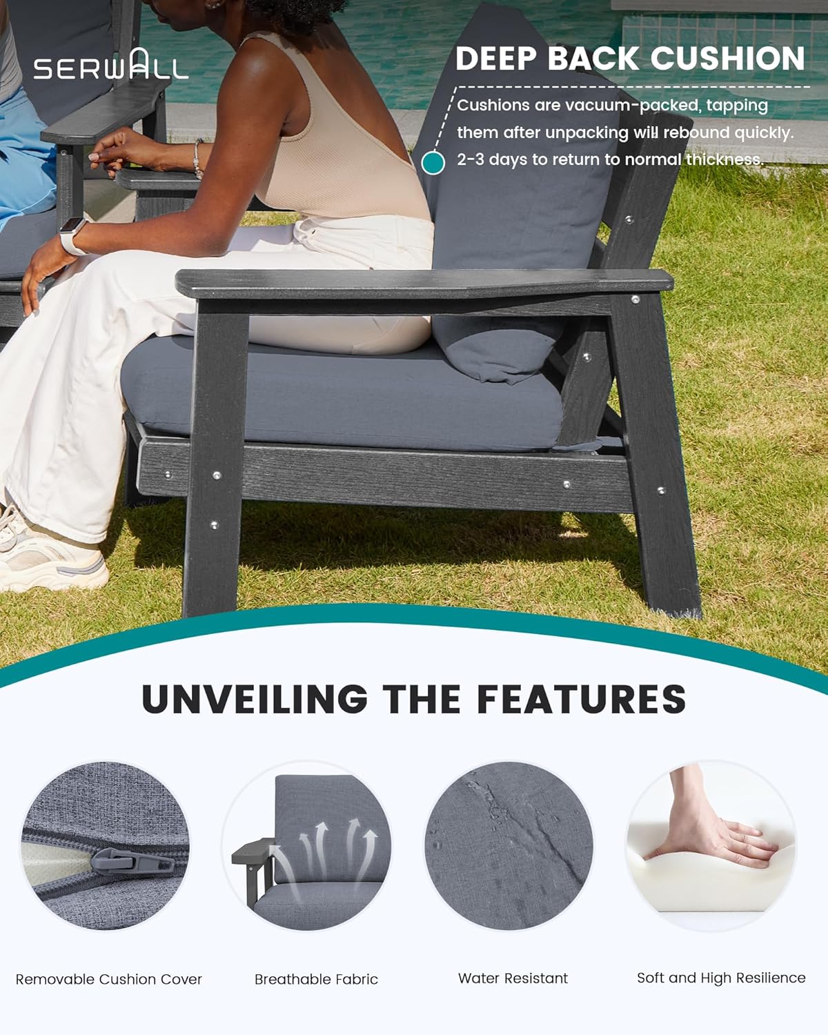 SERWALL HDPE Outdoor Couch, Grey Frame and Grey Cushion