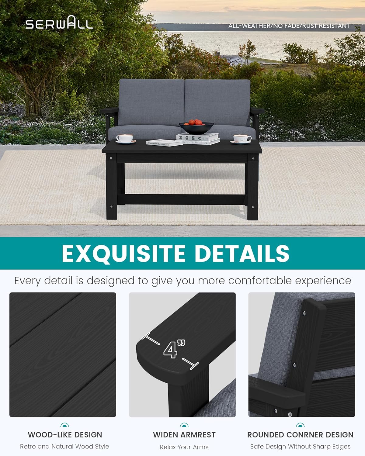 SERWALL HDPE Outdoor Patio Loveseat, Black Frame and Grey Cushion