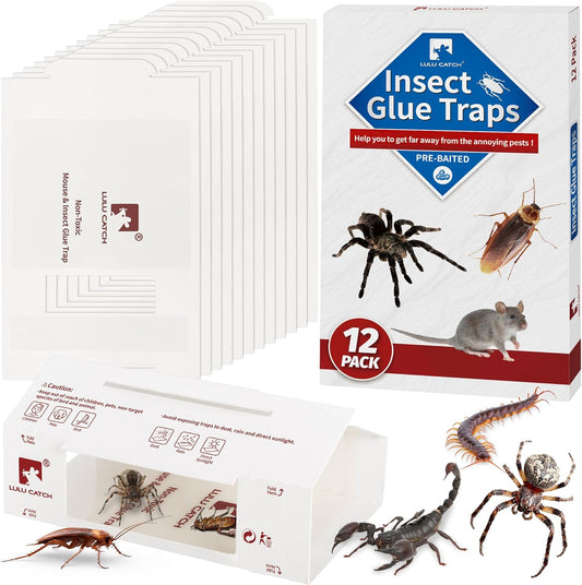 LULUCATCH Glue Traps,12 Pack Mouse Traps Indoor for Home, Pre-baited Non-Toxic Bulk Adhesive Bug Catcher, Sticky Traps for Catching Bugs, Mice, Spiders, Cockroaches, Pet Safe Pest Control