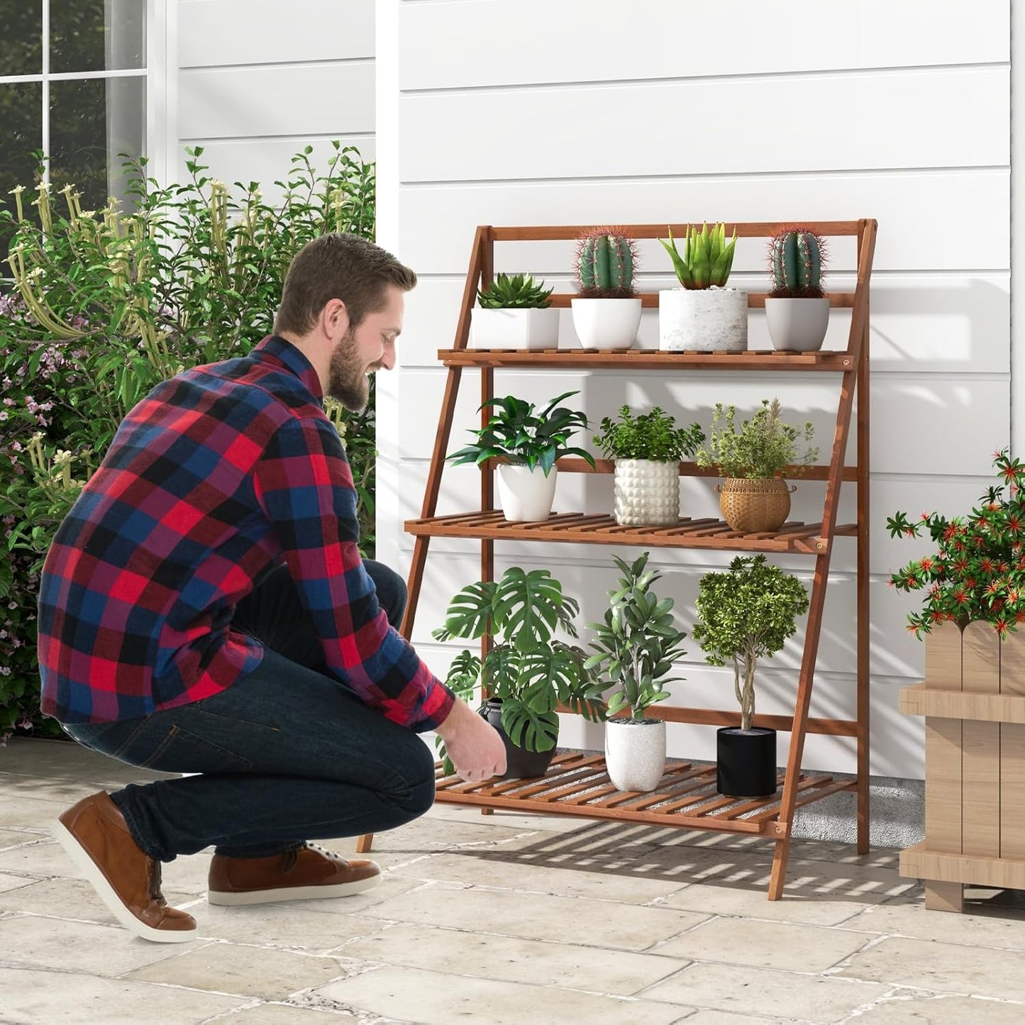 COSTWAY Bamboo Plant Stand, Foldable Multifunctional Flower Display Ladder Shelf, 3-Tier Storage Rack