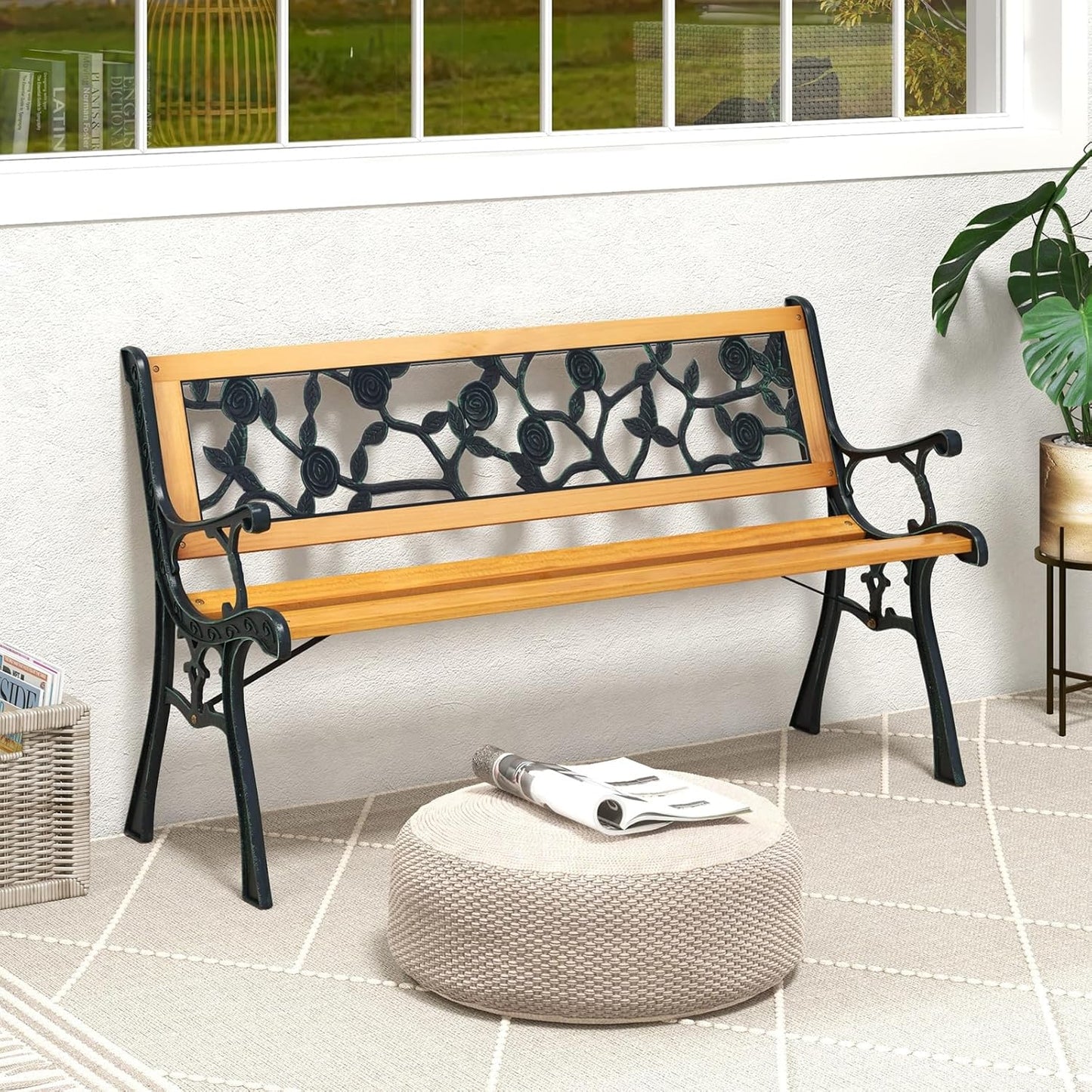 Tangkula Outdoor Garden Bench Park Bench, Patio Iron Bench Chair with Cast Iron & Hardwood Structure, Weather Proof Porch Loveseat, Perfect for Backyard, Deck, Lawn, Poolside