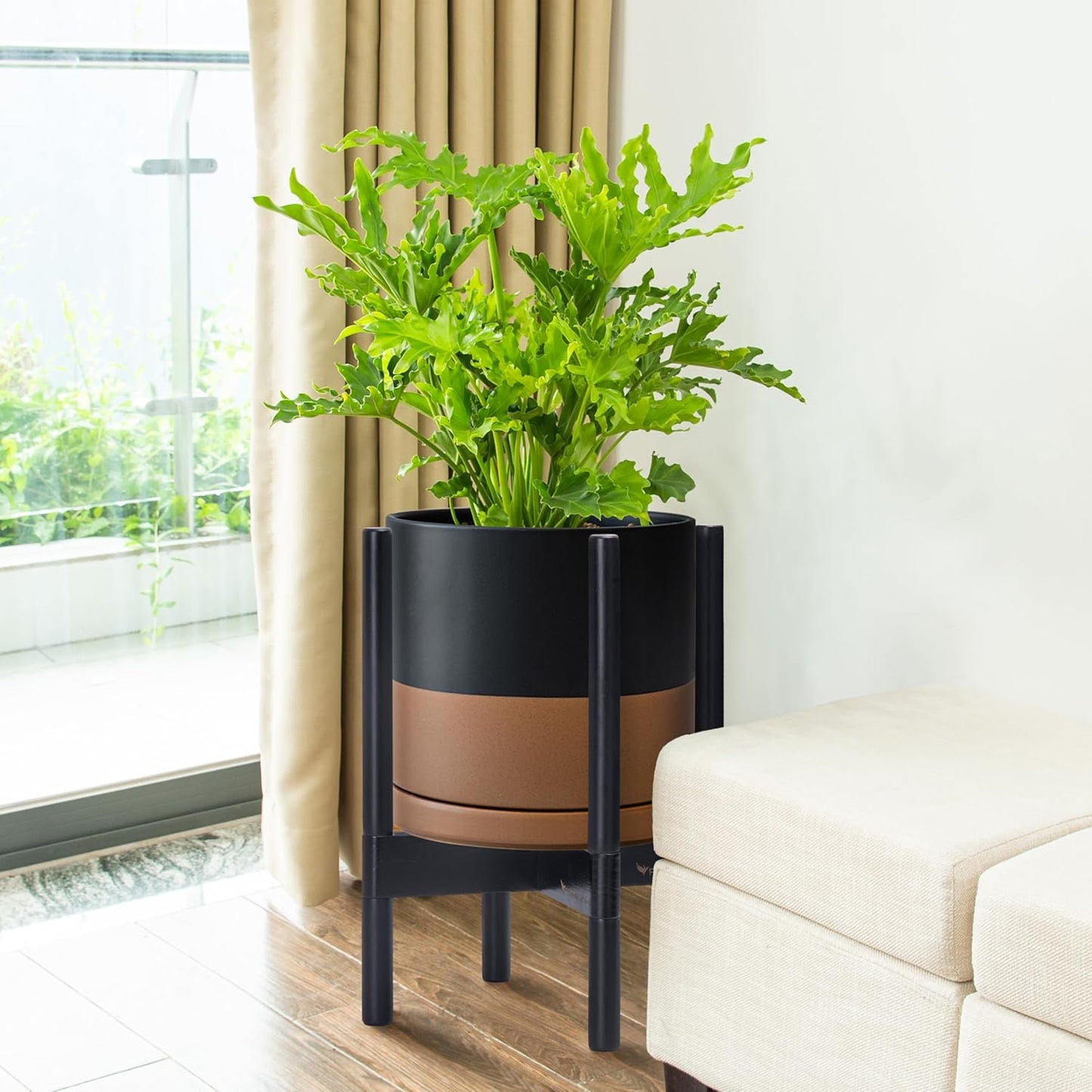 D'vine Dev Ceramic Planter with Ebony Stand - 10 Inch Modern Round Flower Pot with Wood Planter Holder, Black/Speckled Tan, 55-B-L-7