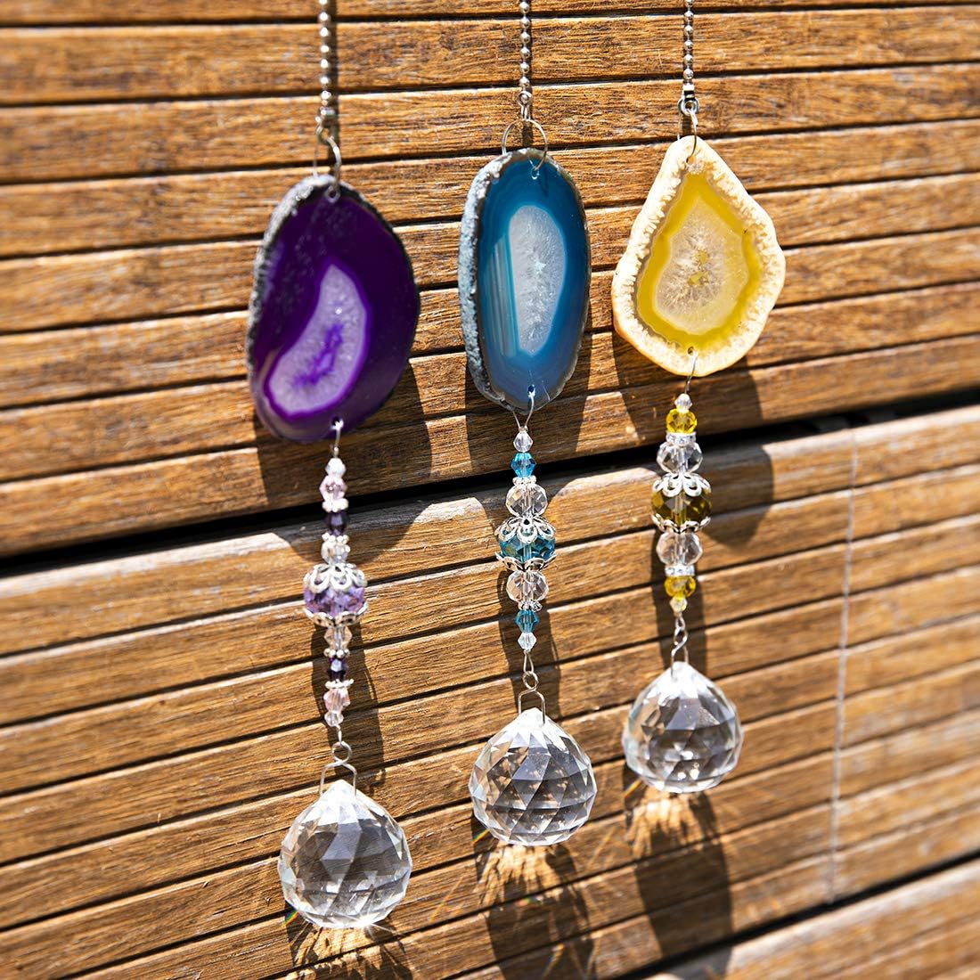 H&D HYALINE & DORA Pack 3pcs Suncatcher Hanging 30mm Crystal Ball with Agate Slices Wind Chimes Ornaments Decor for Window Home Garden