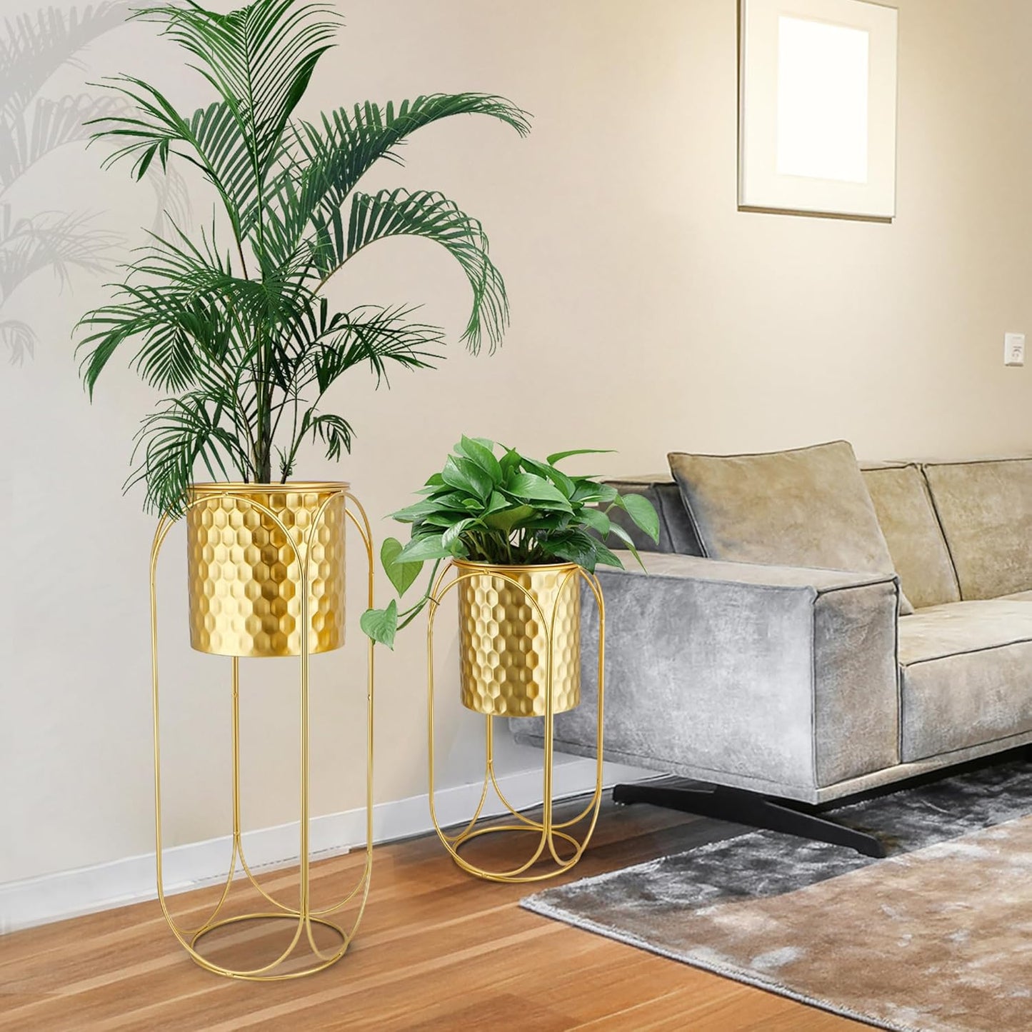 TRIROCKS Set of 2 Planters with Stand Large Gold Planter for Indoor Plants 26 &18" H Morden Plant Pot for Living Room Corner Kitchen Office Garden Balcony Patio Decor(Gold)