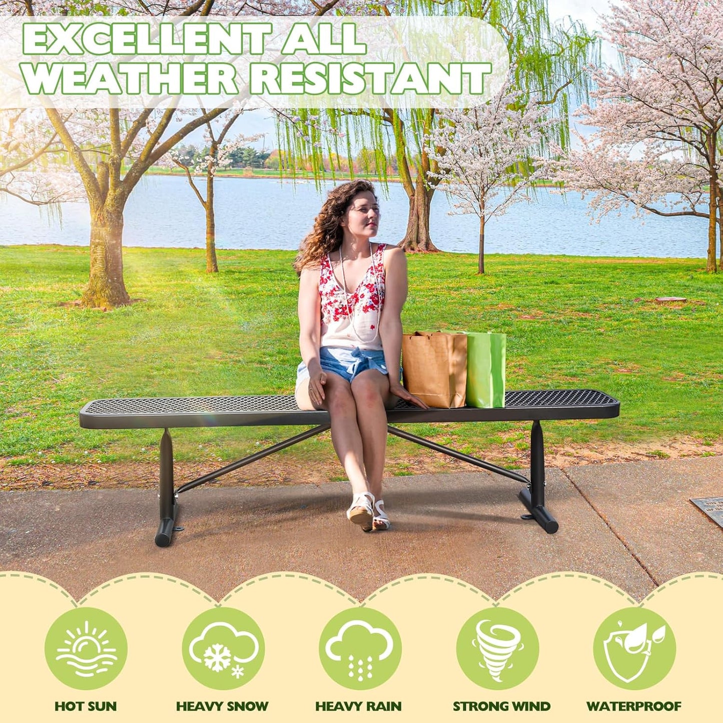 Heavy-Duty Park Bench or Table for Outside - Black Coated Outdoor Furniture Steel Bench, Commercial-Grade Outdoor Benches Weatherproof for Park, Patio, Porch (Black, 6FT (Without Backrest))