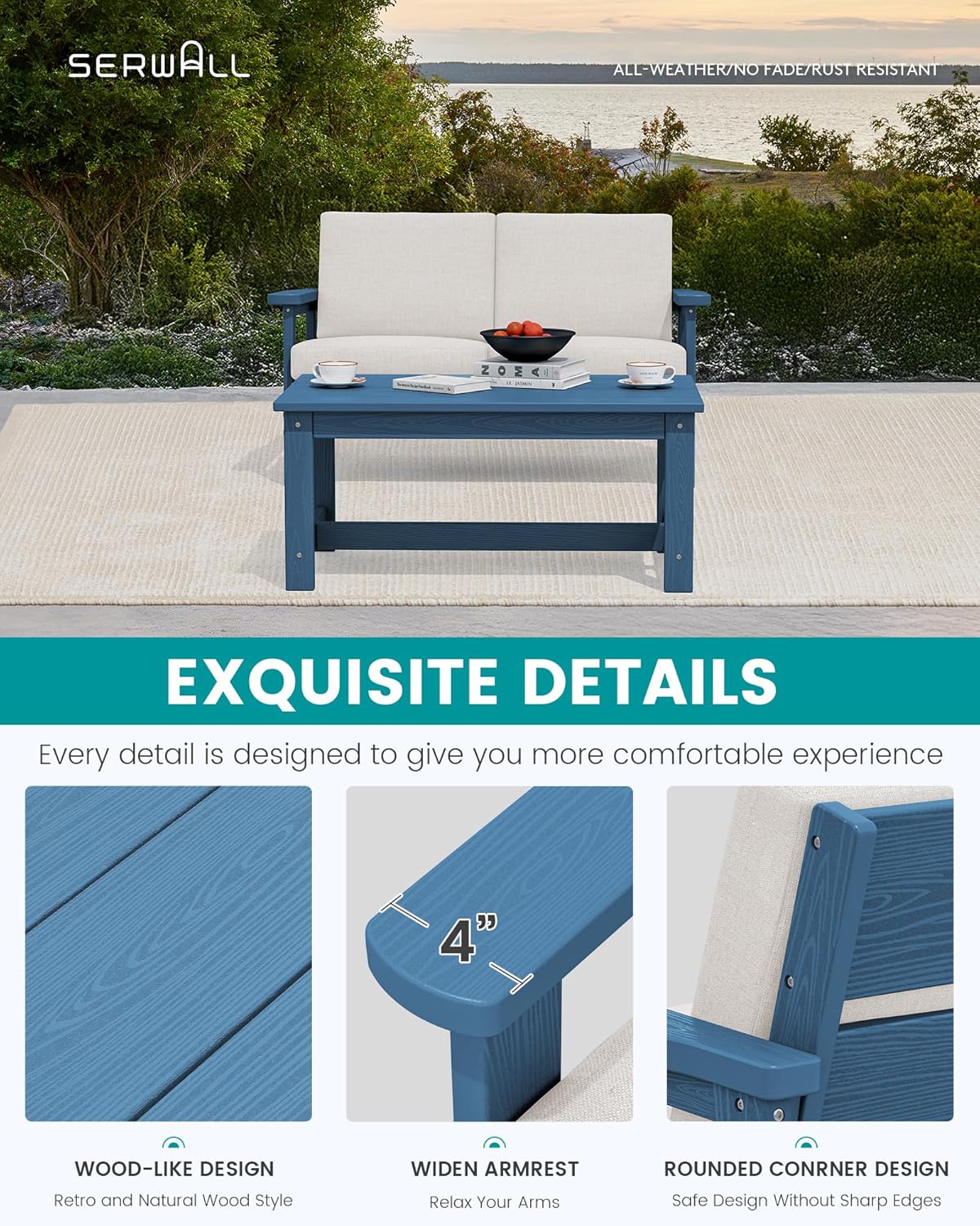SERWALL HDPE Outdoor Patio Loveseat, Blue Frame and Khaki Cushion