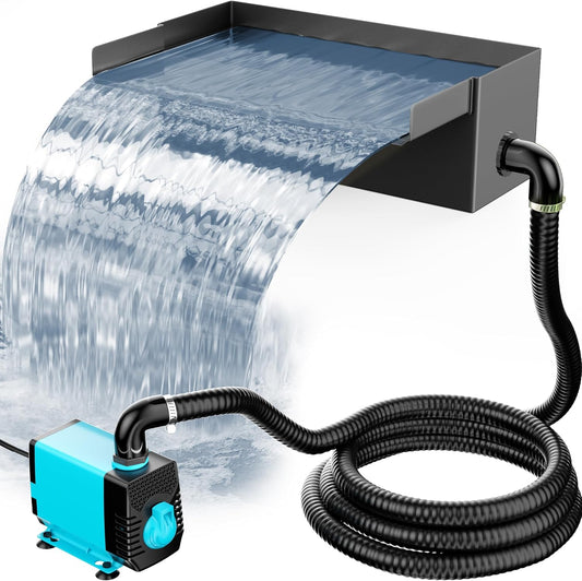 POPOSOAP Pond Waterfall with Pump Kit, 304 Stainless Steel Waterfall Spillway with 40W 660GPH Pump, Pond Spillway with 9.8FT Corrugated Tubing for Garden (12inch)-P43