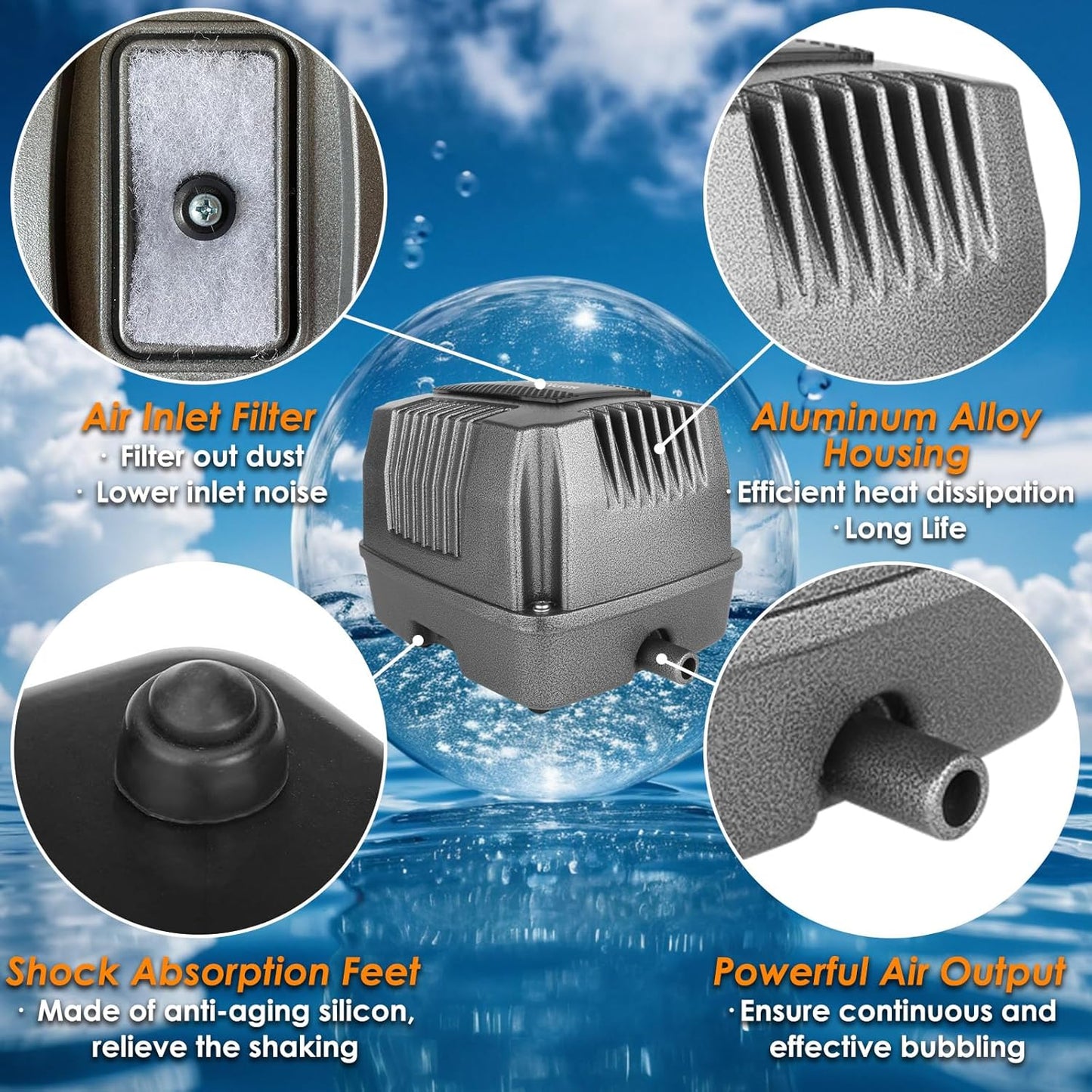 Powerful Linear Air Pump, KP-80 Pond Air Pump Pond Aerator, 1350GPH Aeration System for Koi Pond Aeration, Aquarium, Waste Treatment, Fish Farm, Seafood Restaurant