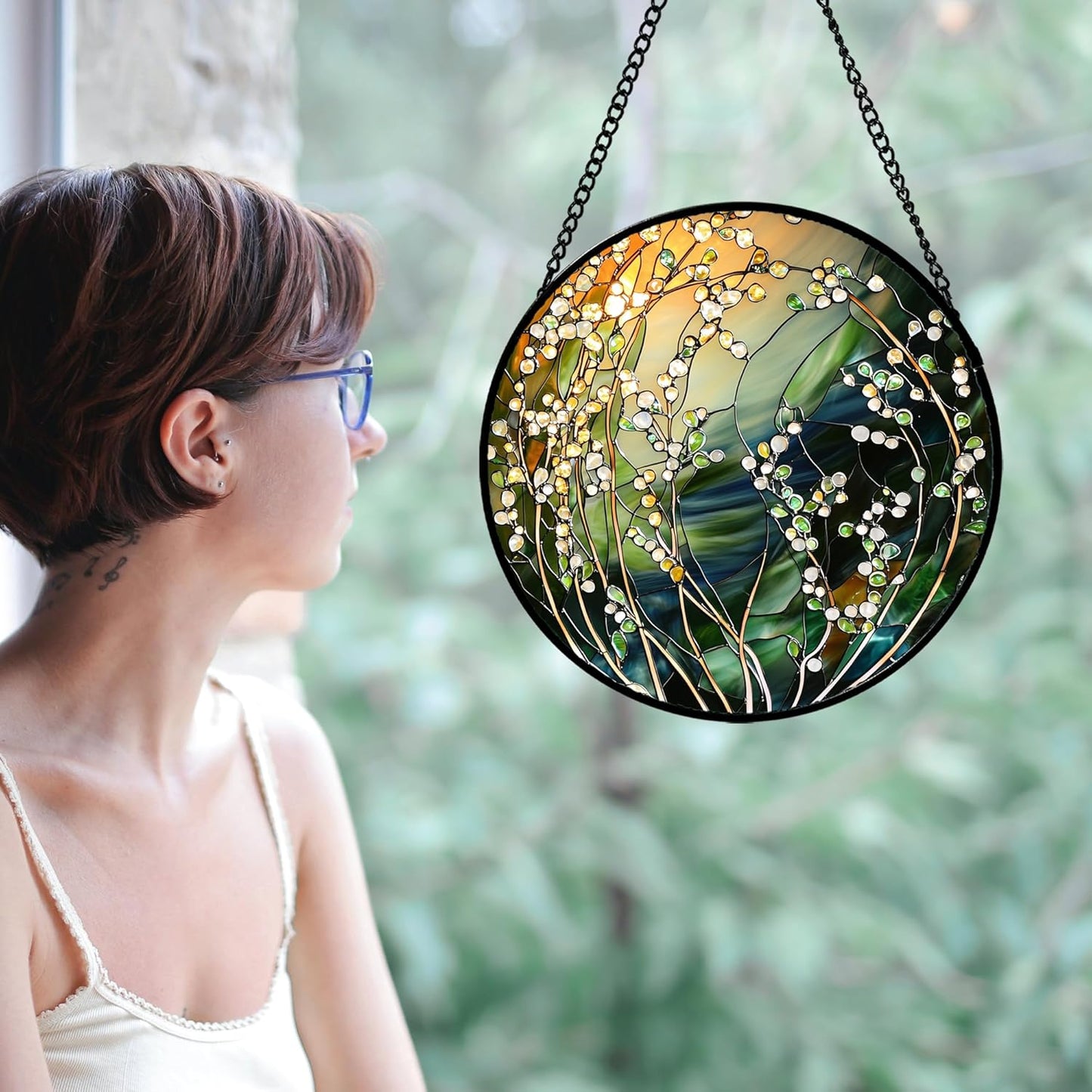 Stained Glass Suncatcher, Yellow Green Gradient Flower Sun Catcher Plants Stain Glass Window Hanging Decoration Mother's Day Birthday Gifts for Women Men Mom and Nana 6.3 in