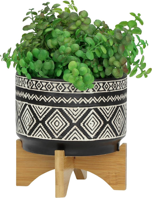 Sagebrook Home Ceramic Planter with Stand - Decorative Stoneware Pot for Indoor & Outdoor Use - Modern Boho Design with Wooden Base - Stylish Plant Holder for Succulents & Flowers - 8", Black
