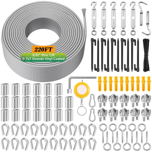 220 FT 1/8" Wire Rope Kit, 304 Stainless Steel Cable with M5 Turnbuckles for Cables Wire, Vinyl Coated String Lights Hanging Wires for Outdoor Camping, Trellis, Garden, Clothes line, Curtain, Festival