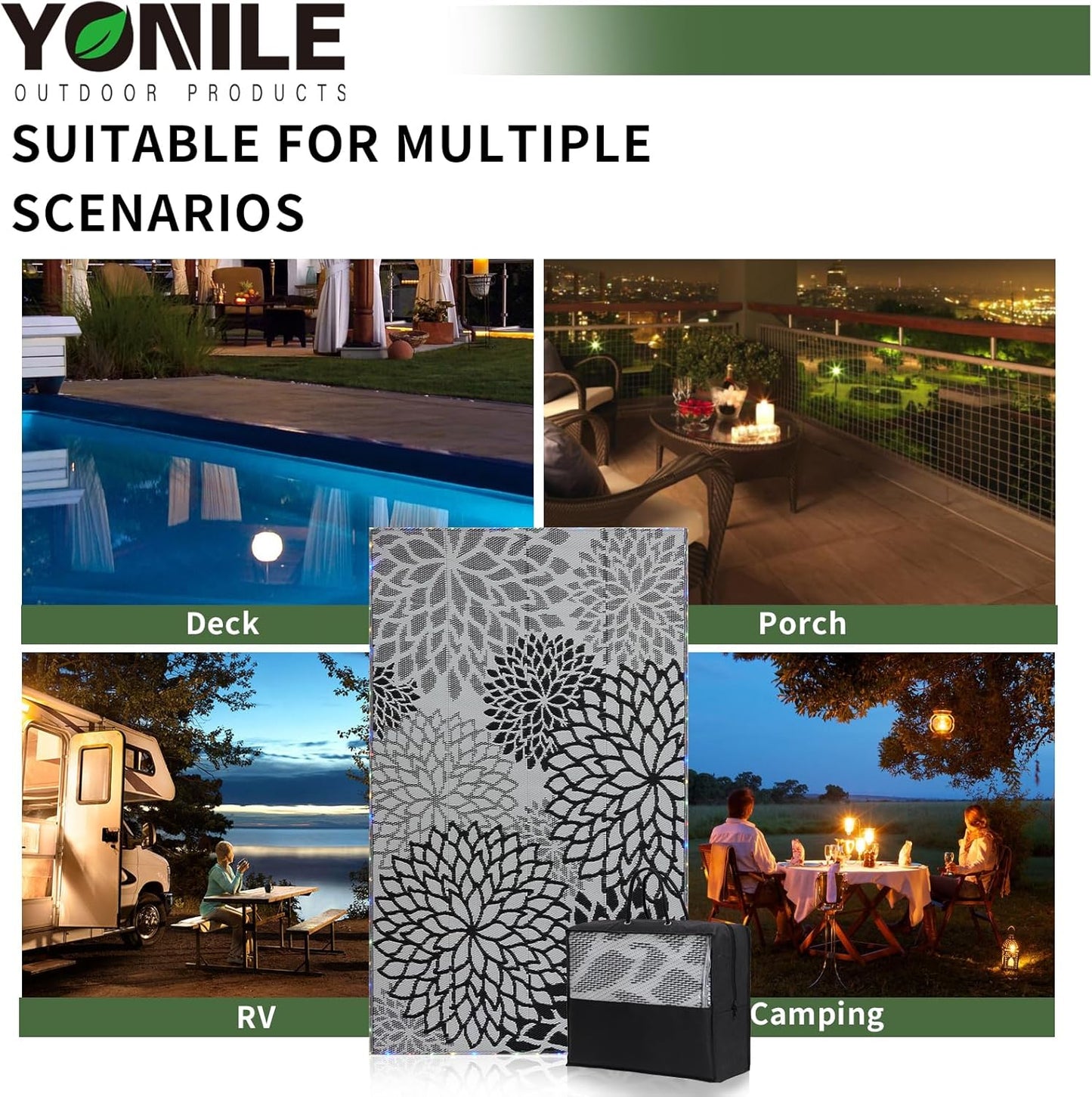 Outdoor Rug 9x12 ft with LED Light, Waterproof Reversible Outdoor Plastic Straw Rug for Patios Clearance, Large Outdoor Area Rug Carpet RV Mat for Camping Backyard Deck Porch Beach