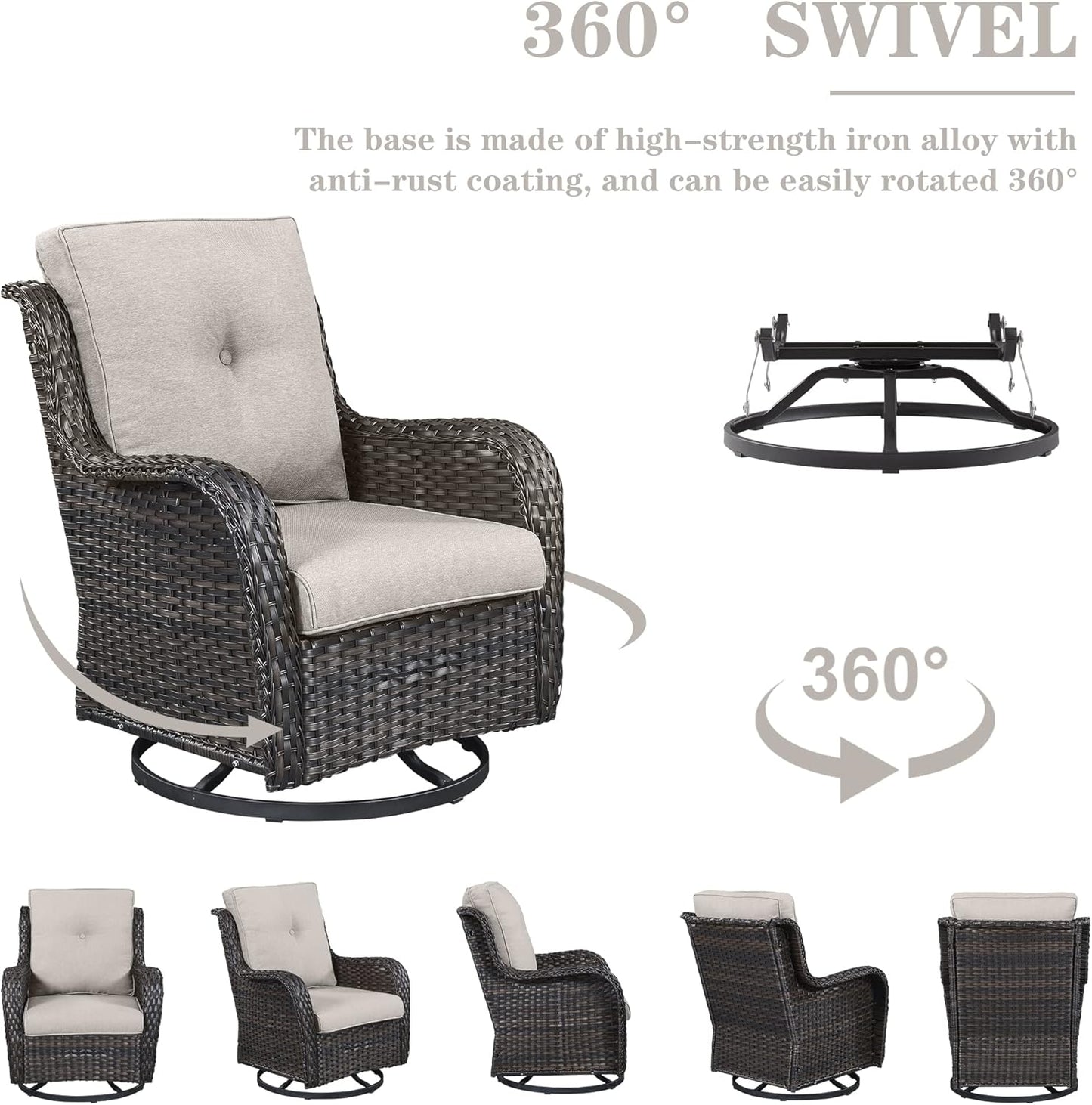 Outdoor Sectional Sofa Furniture Set with Propane Fire Pit Table, Wicker Patio Conversation Set with 2 Swivel Glider Rocker Chairs Beige Cushion Perfect for Backyard Casual Gathering