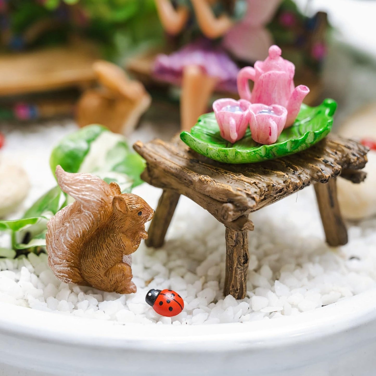 PRETMANNS Fairy Starter Kit with Accessories for Indoor Outdoor Miniature Garden – Adorable Figurine with Furniture, Squirrel, Bunny & Tea Set – 14 Piece Hand-Painted Resin Set