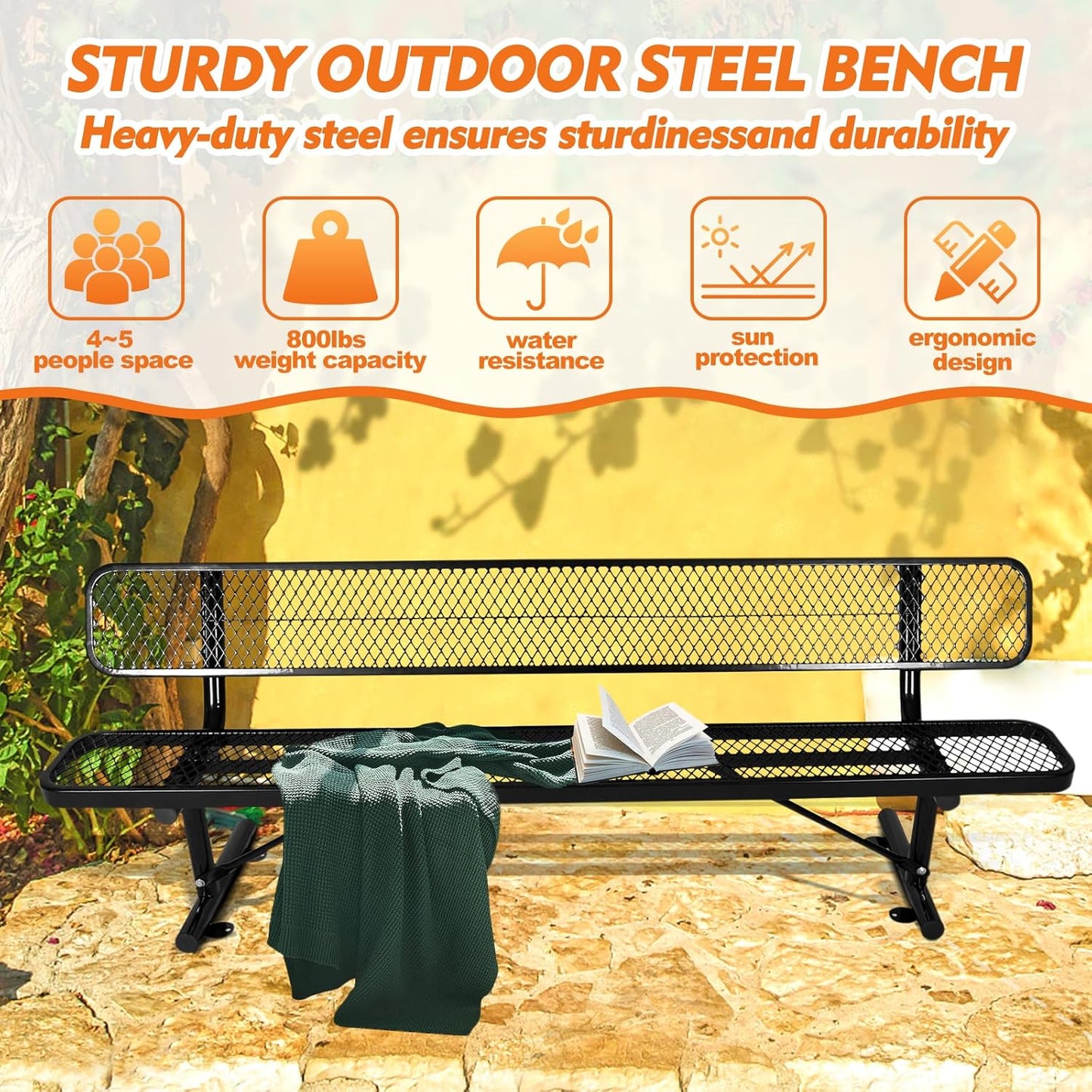 8Ft Heavy Duty Park Bench with Back Portable Frame, Outdoor Steel Bench with Backrest, Expanded Metal Mesh Bench for Lawn, Park, Deck, Garden, Patio, Porch, Black