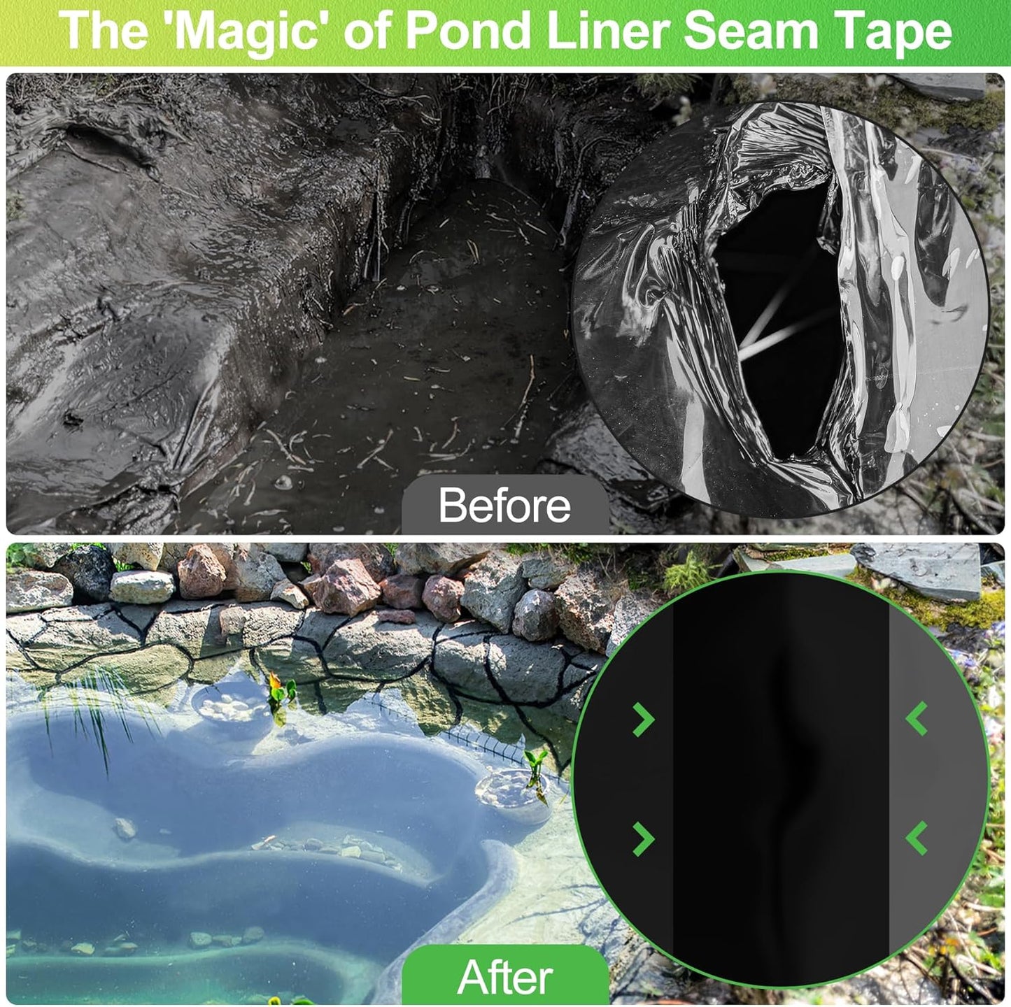 ToLanbbt Pond Liner Seam Tape, 3.15" x 32.8' Peel and Stick Seam Tape Self Adhesive Seaming Kit Double Sided Butyl Rubber Pond Liner Repair Patch Kit Waterproof for EPDM Roof Garden Cover Patch Repair