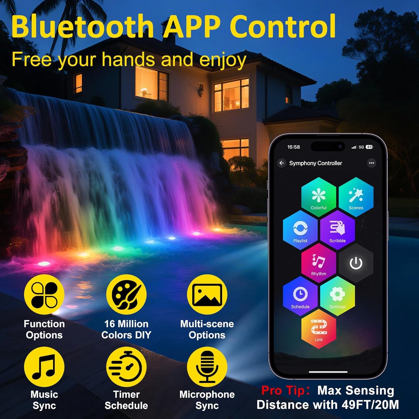 T-SUN Color Changing Submersible Pond Lights with APP and Remote Control, IP68 Waterproof Dimmable Timer Fountain Lights led Underwater for Koi Fish Tank Aquascape Waterfall Landscape(Set of 3)