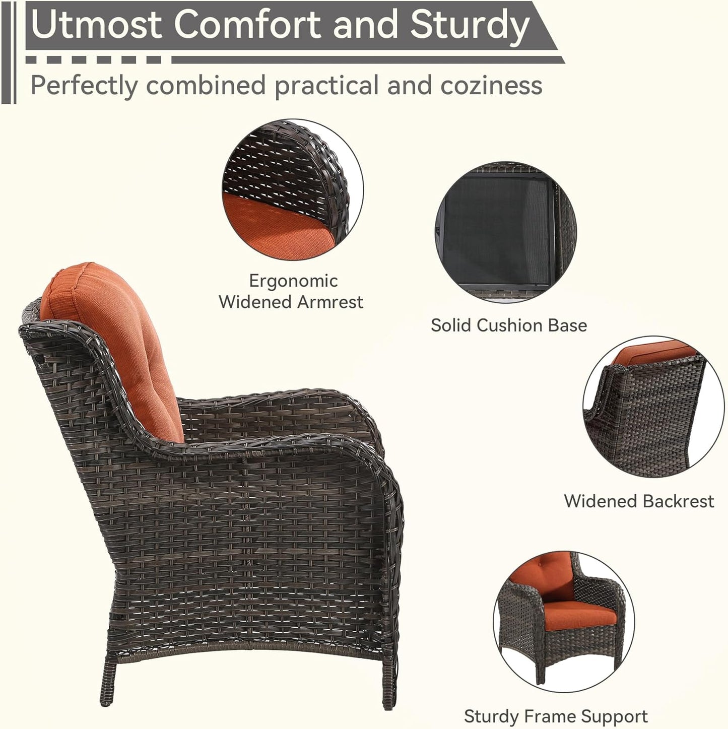 4 Pieces Patio Conversation Set, Wicker Chairs Set of 2 and Two Ottomans with 3.5-inch Seat Cushions, High Back and Curved Armrest for Backyard, Balcony and Deck, Orange