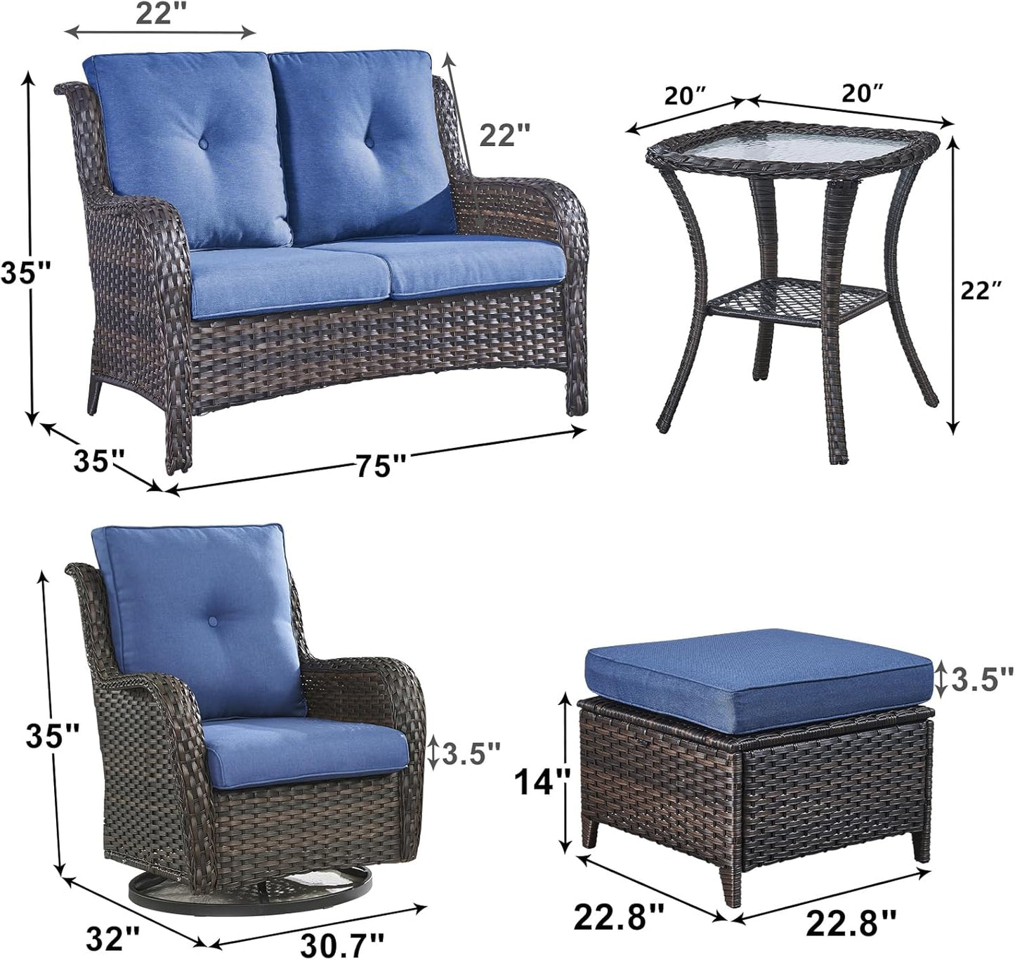 Outdoor Wicker Patio Furniture Set - 6 Piece Rattan Patio Conversation Set with 2 Rocking Swivel Chairs,2 Ottomans,1 Loveseat and 1 Side Table for Porch Deck Backyard Garden(Brown/Blue)