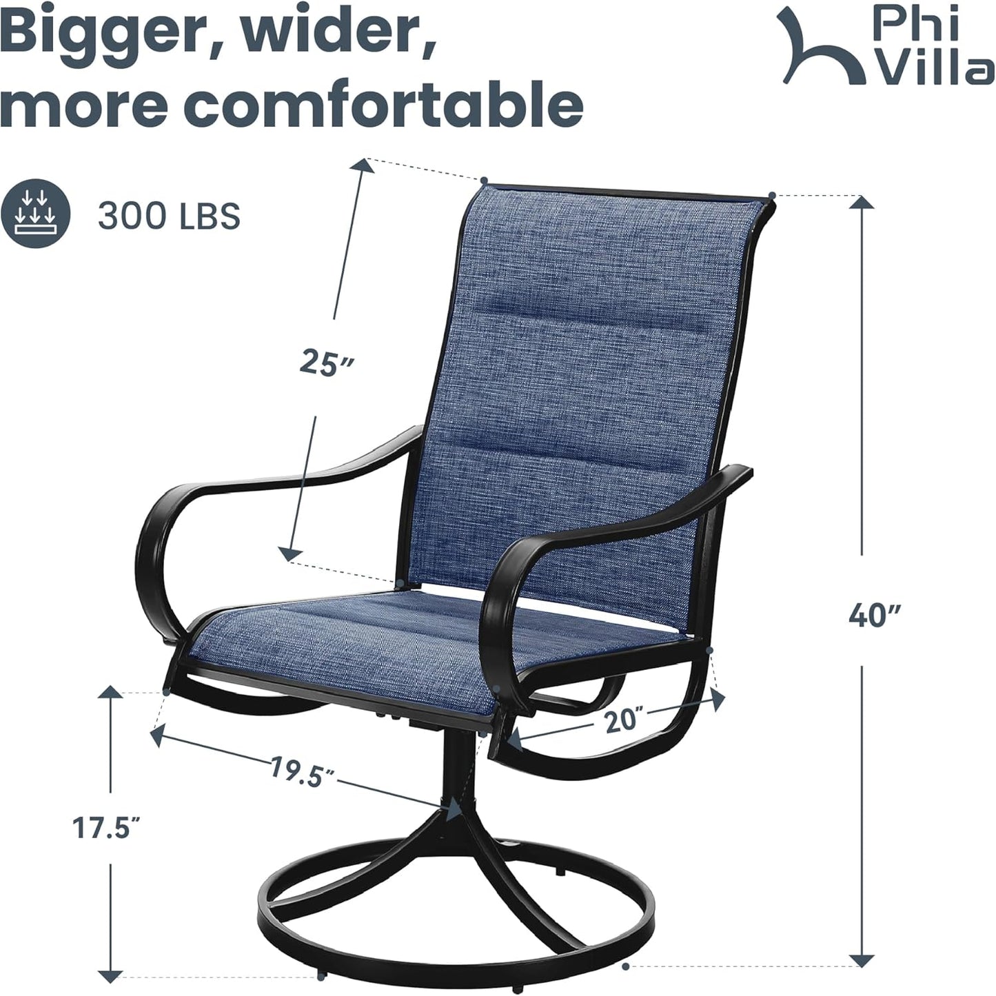 PHI VILLA Patio Swivel Dining Chairs Set of 6, All Weather Outdoor Chair with Padded Textilene & Black Metal Frame for Outdoor Lawn Garden Poolside (Blue)