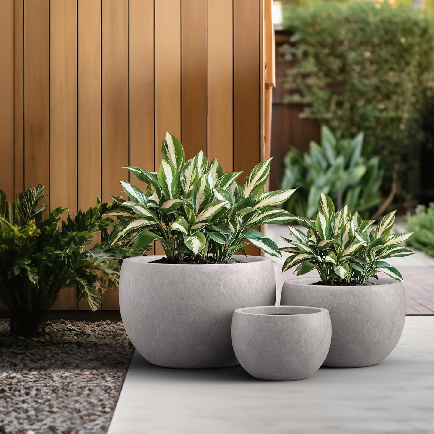 Kante 19.9",15.7",11.8" Dia Round Concrete Planter Set of 3, Outdoor/Indoor Large Bowl Plant Pots with Drainage Hole and Rubber Plug for Garden Patio Balcony Home, Light Gray