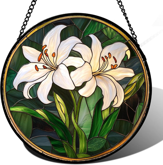 Stained Glass Window Hanging, White Lily Suncatcher for Door Garden Patio Birth Flower Green Plant Sun Catchers Decor Christmas Mother's Day Birthday Gifts for Women Mom Nana Friend 9.8 in