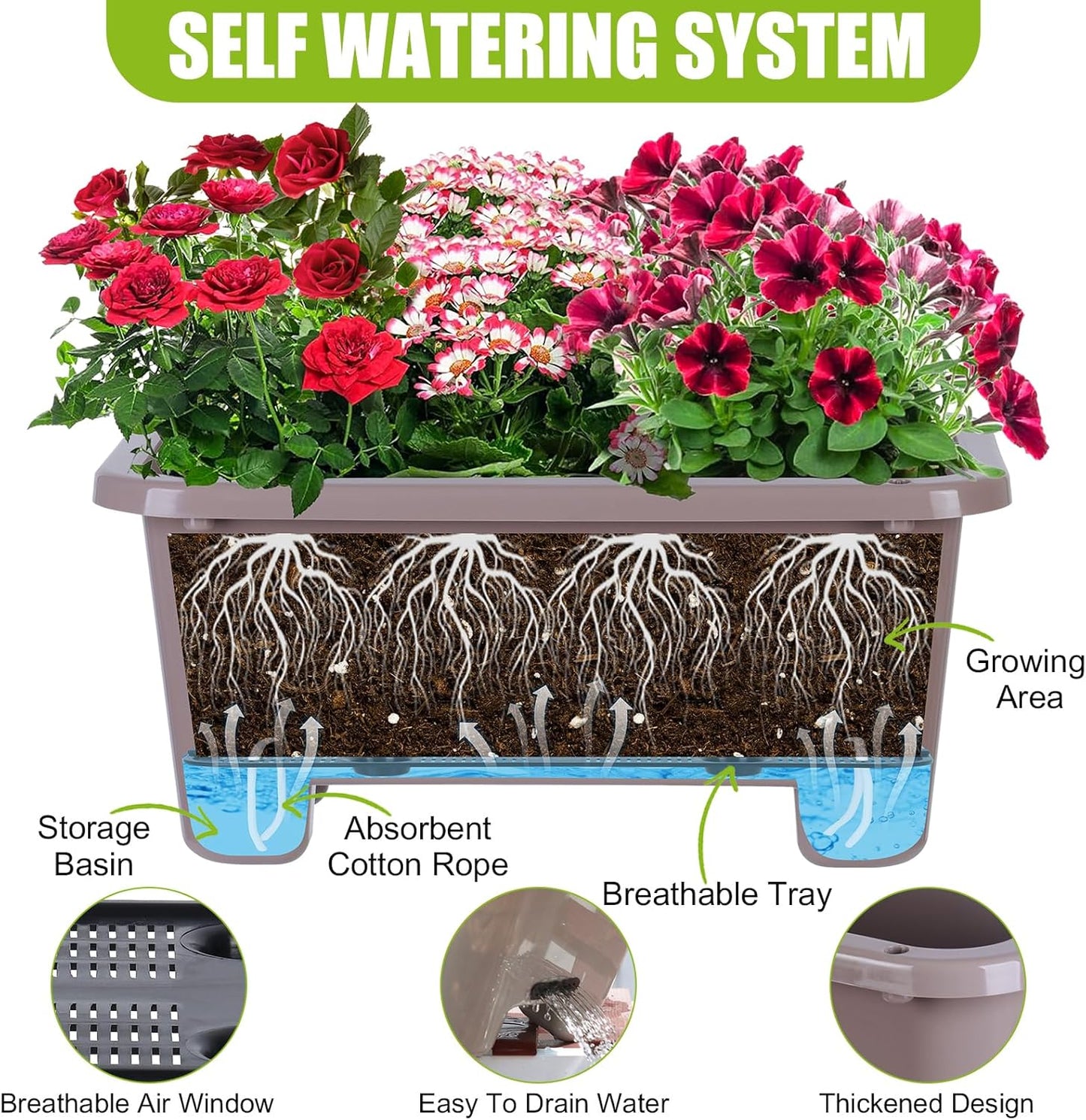 Self-Watering Rectangle Planter Boxes 8-Pack, 15.7-Inch Window Box Planter with Drainage Holes & Trays, Pots for Vegetables, Herbs, Flowers, Garden Windowsill Balcony (Coffee, 15.7*8.3*7.1 inch)
